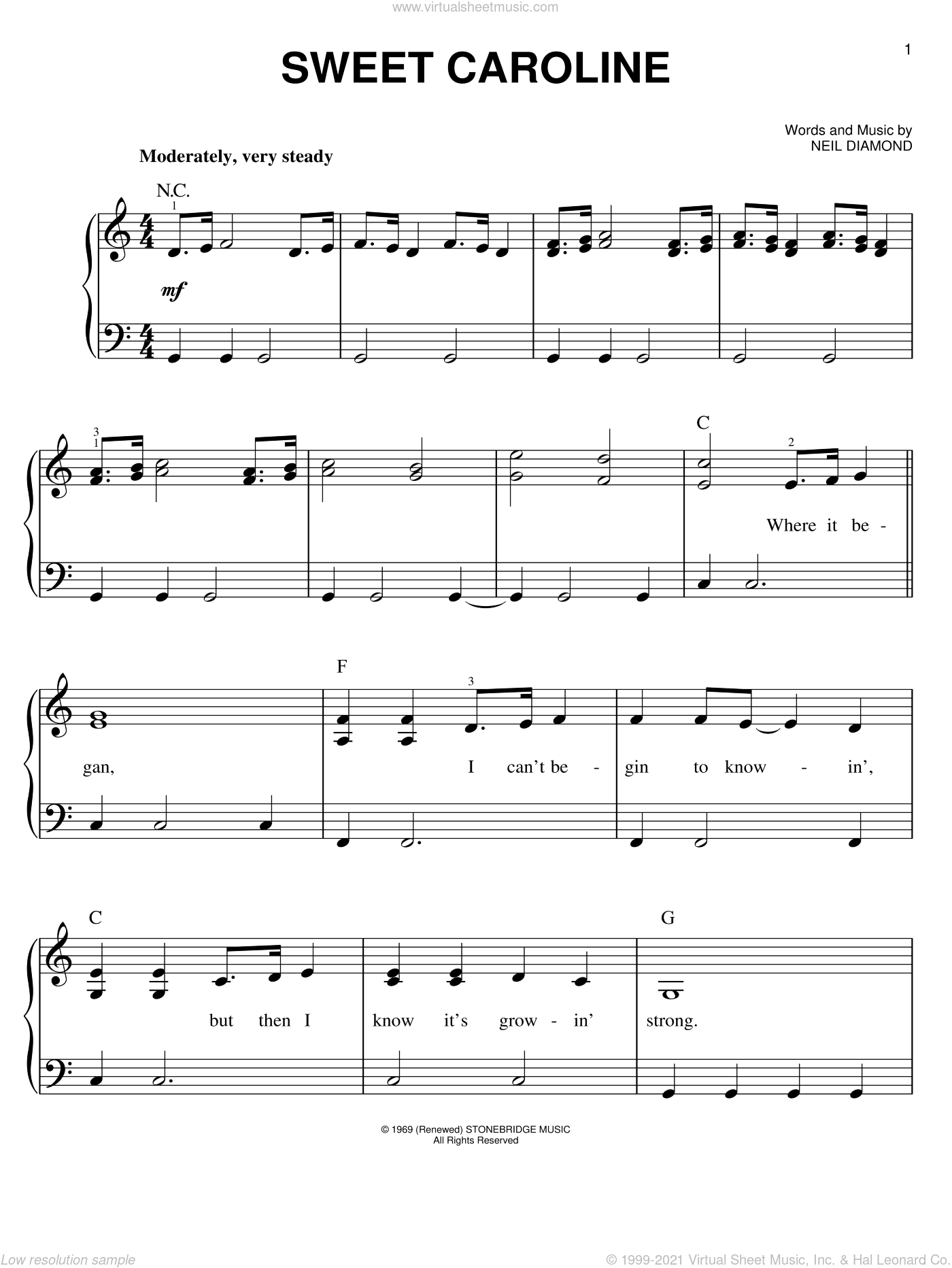 Diamond - Sweet Caroline, (easy) sheet music for piano solo [PDF]