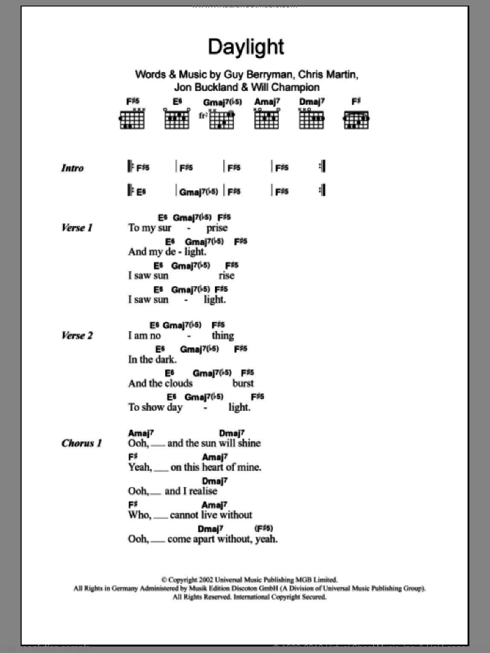 Coldplay - Daylight sheet music for guitar (chords) [PDF]