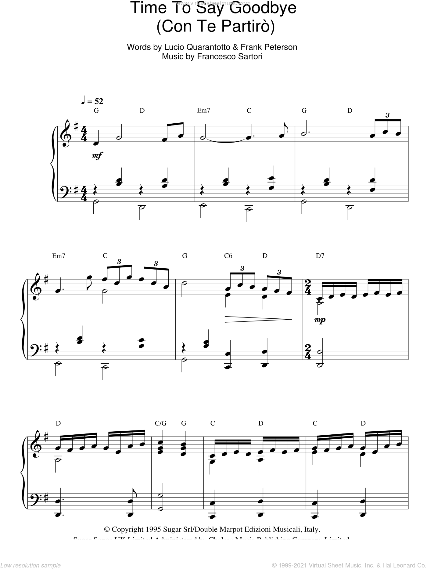 Bocelli - Time To Say Goodbye (Con Te Partiro) sheet music for piano solo