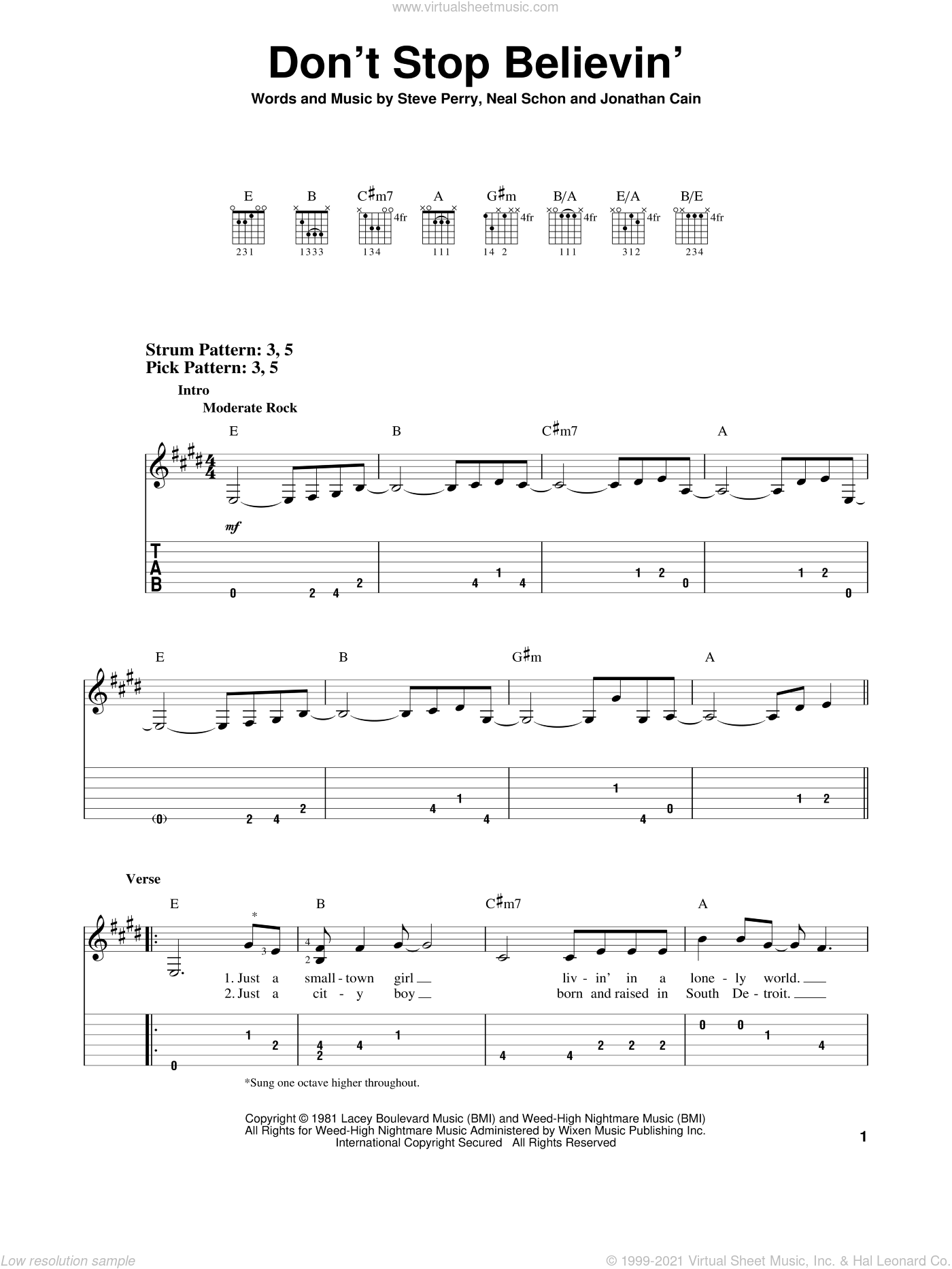 Journey - Don't Stop Believin' sheet music for guitar solo (easy tablature)