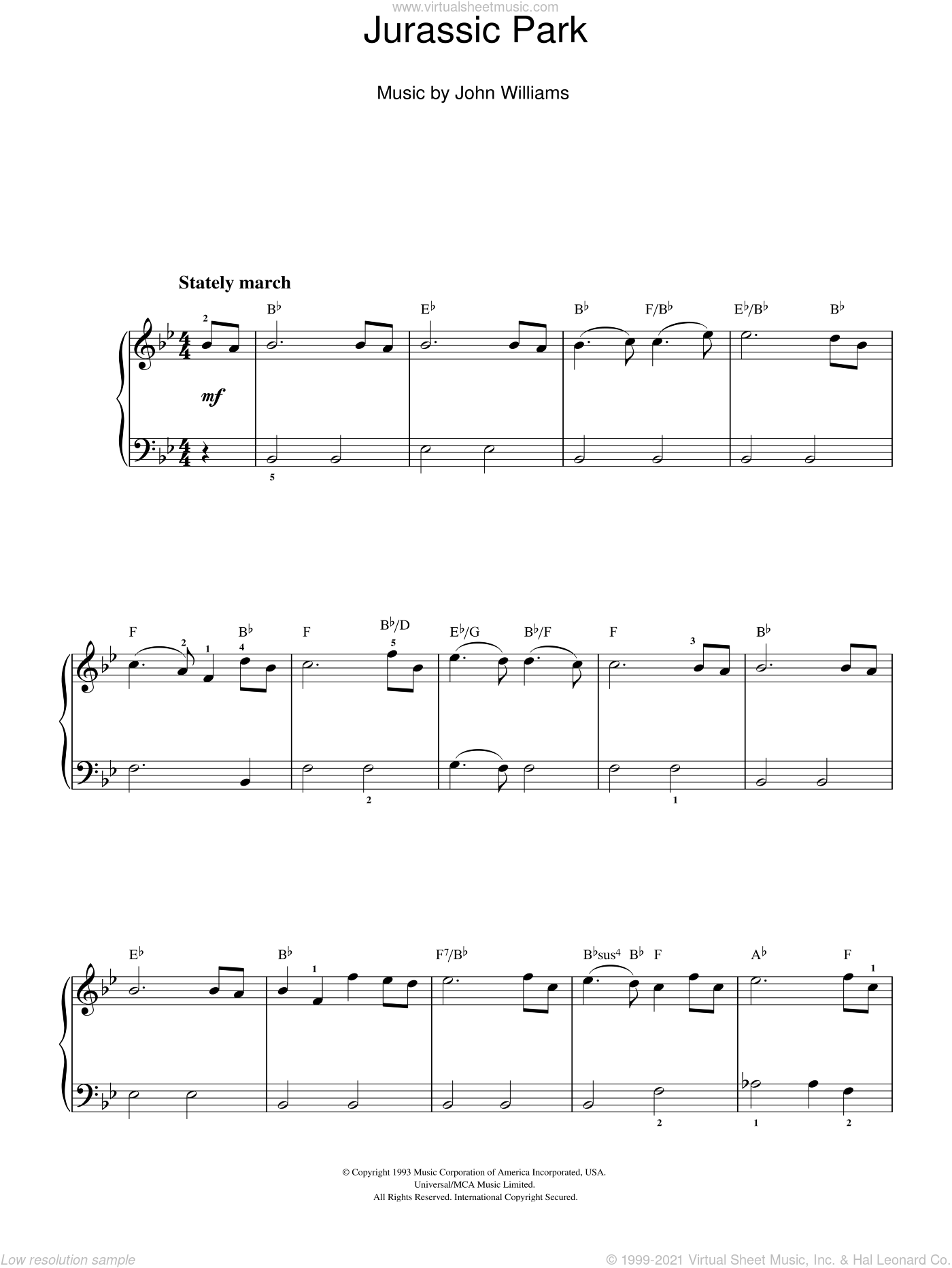 Williams - Jurassic Park (Theme) sheet music (easy) for piano solo