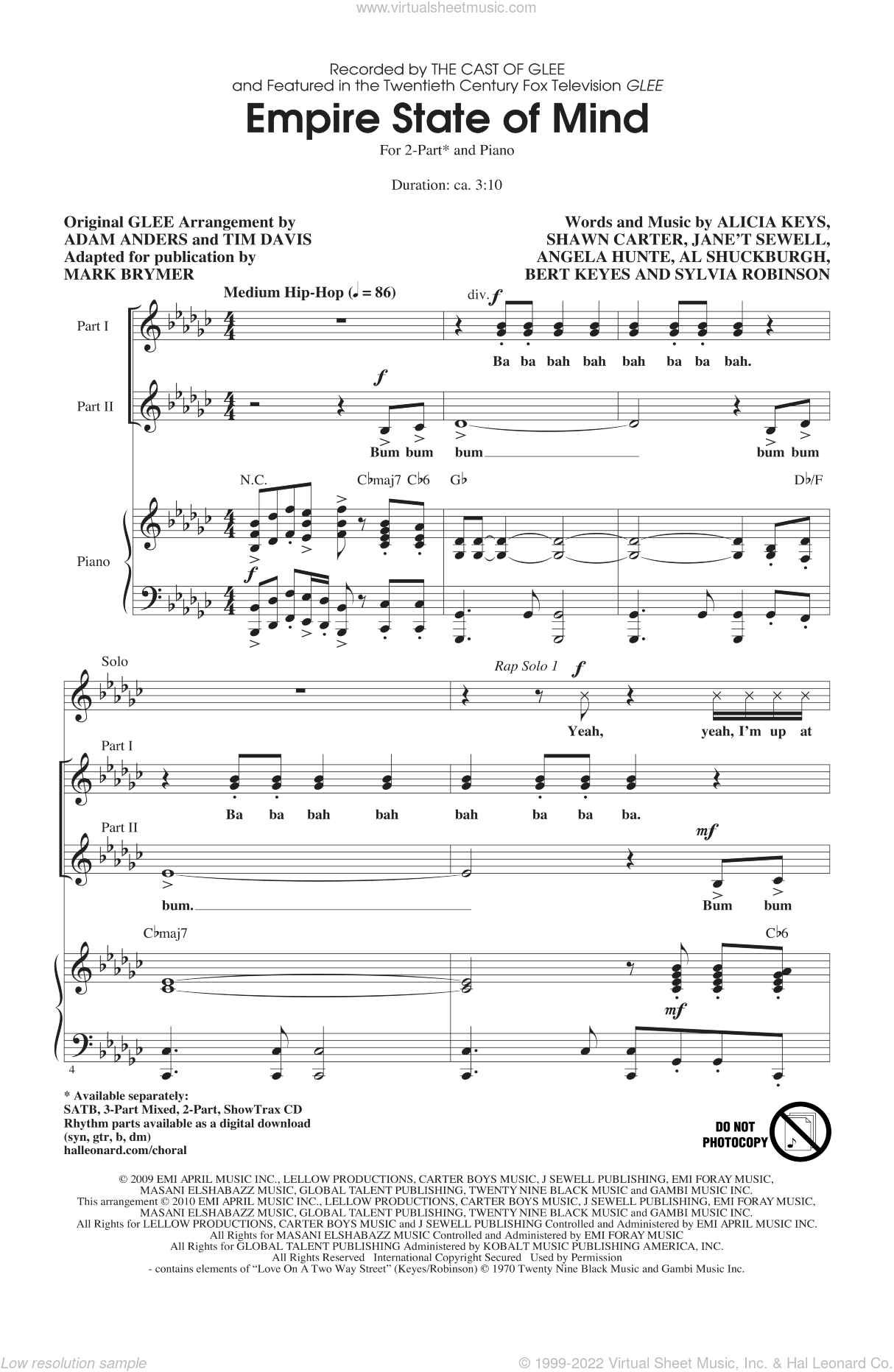 Keys Empire State Of Mind sheet music for choir (duets)