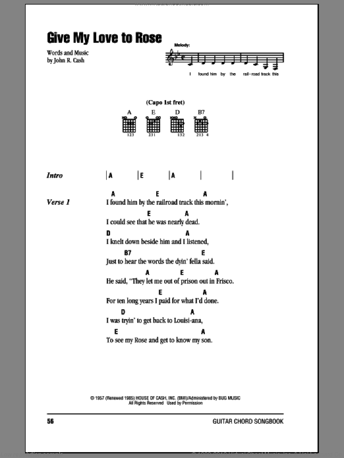 Cash - Give My Love To Rose sheet music for guitar (chords) PDF