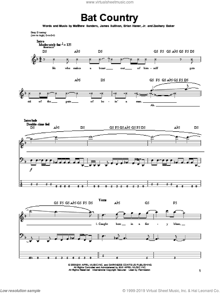 Sevenfold - Bat Country sheet music for bass (tablature ...