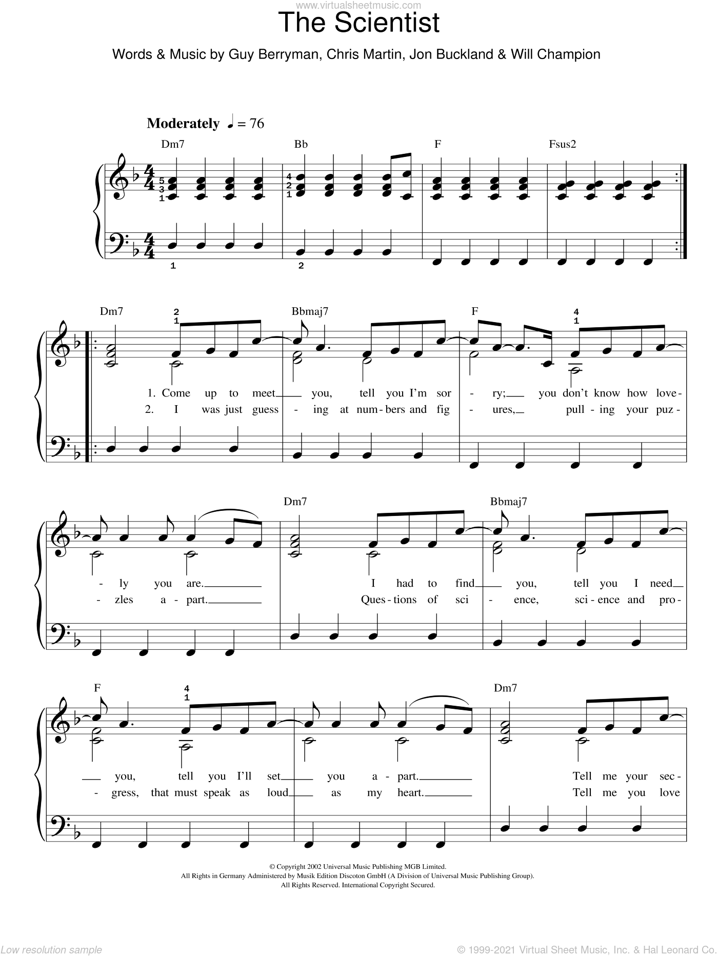 Coldplay - The Scientist, (easy) sheet music for piano solo [PDF]