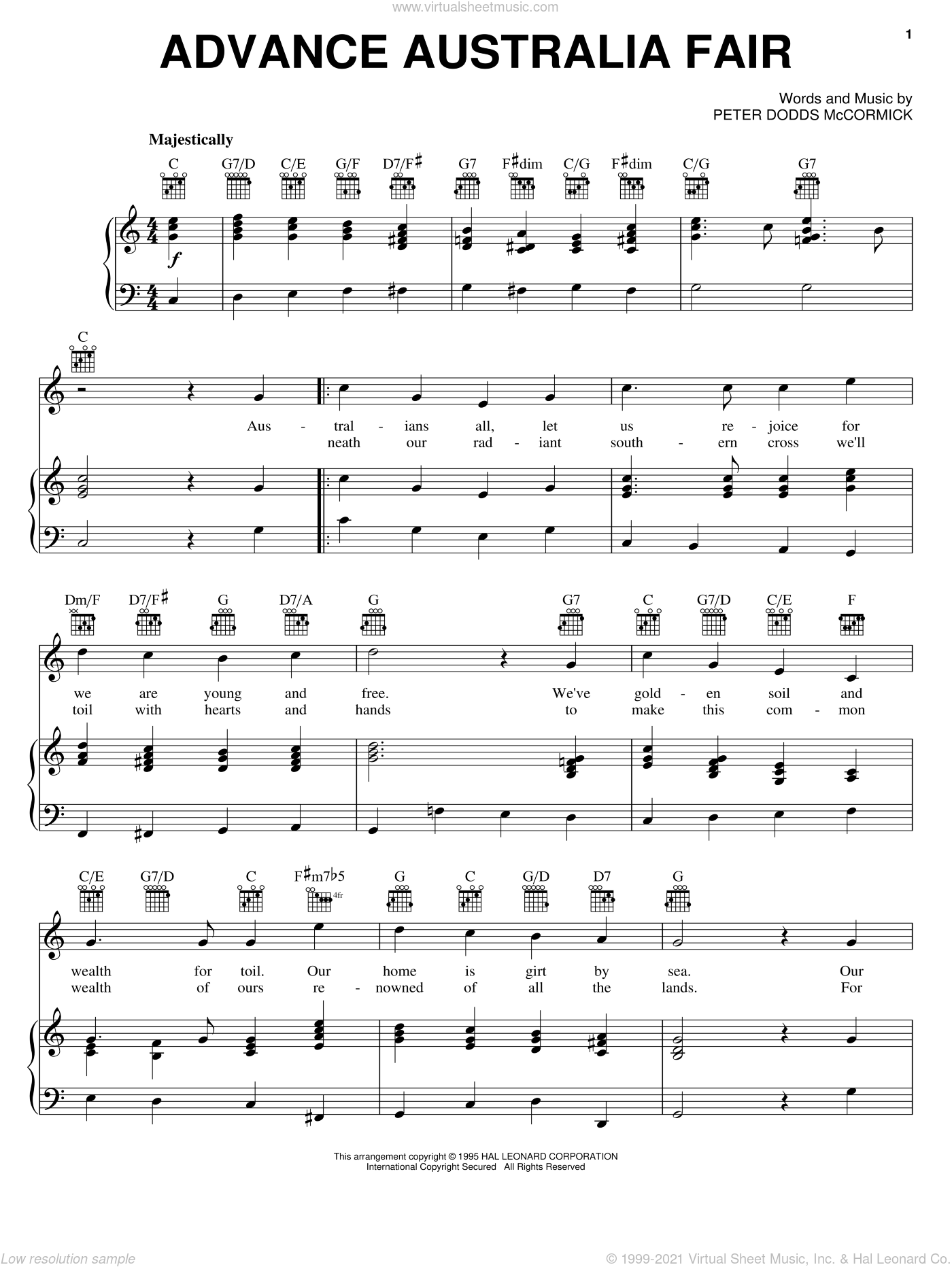 McCormick - Advance Australia Fair sheet music for voice, piano or guitar