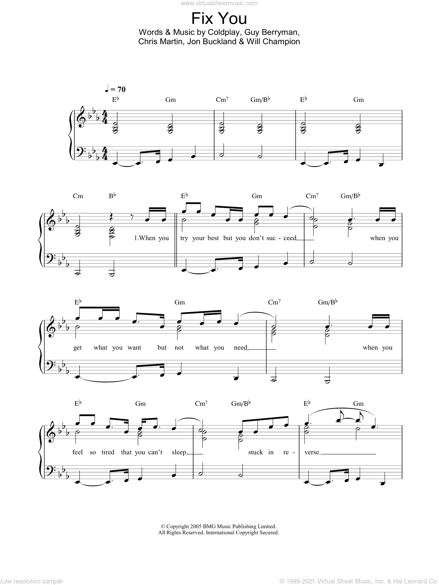 Coldplay - Fix You sheet music for piano solo