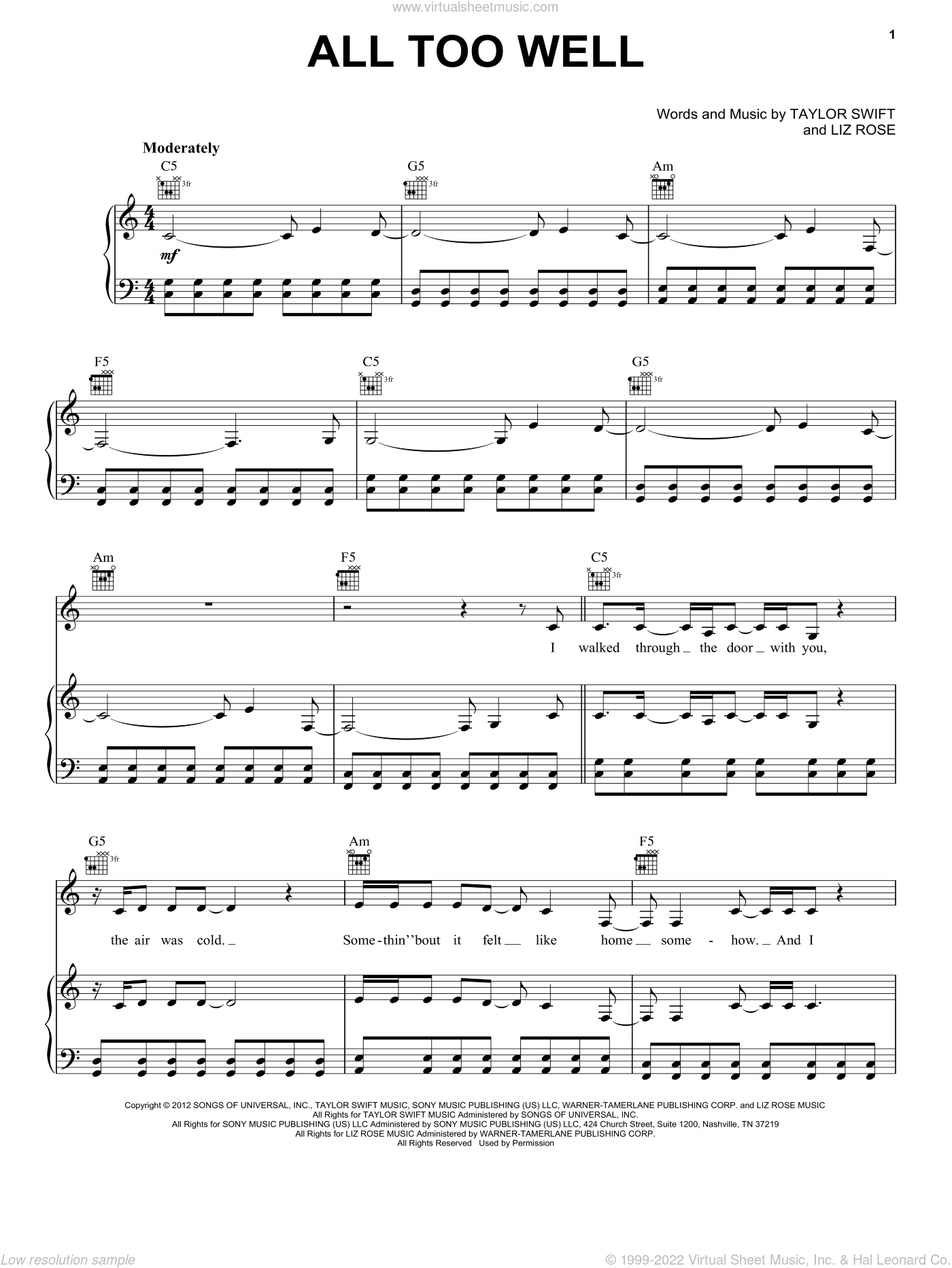 Swift - All Too Well sheet music for voice, piano or guitar PDF