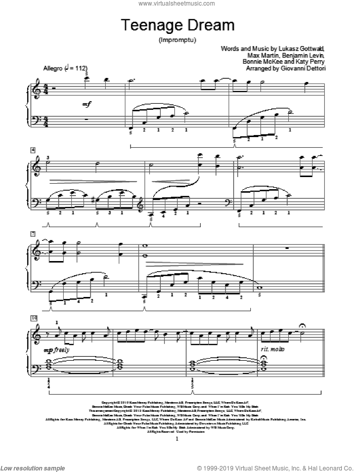 Perry - Teenage Dream sheet music for piano solo (elementary)