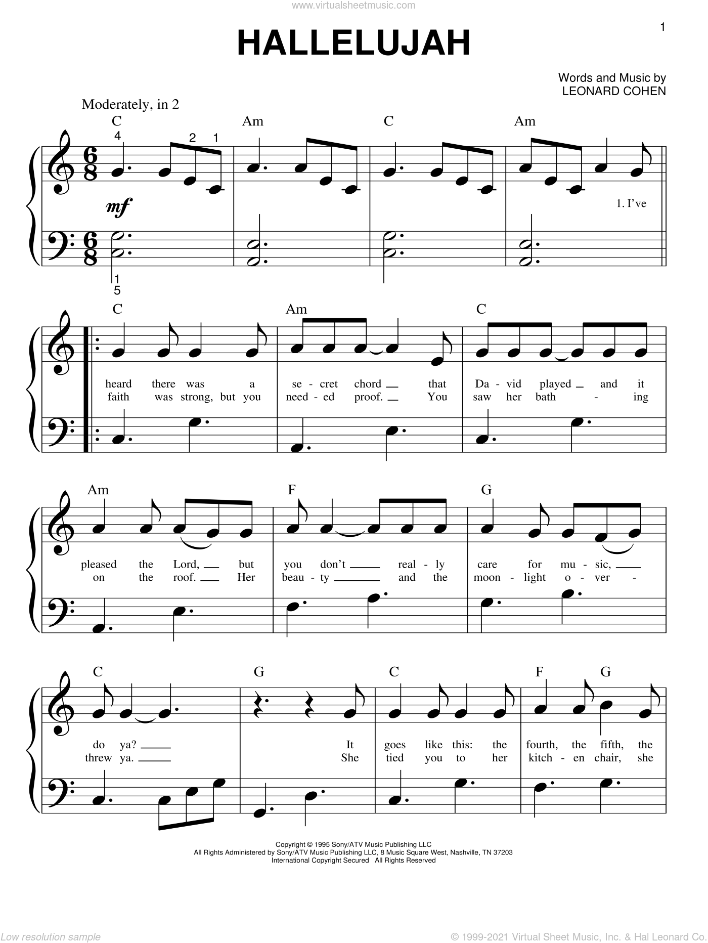 Cohen Hallelujah Sheet Music For Piano Solo Big Note Book