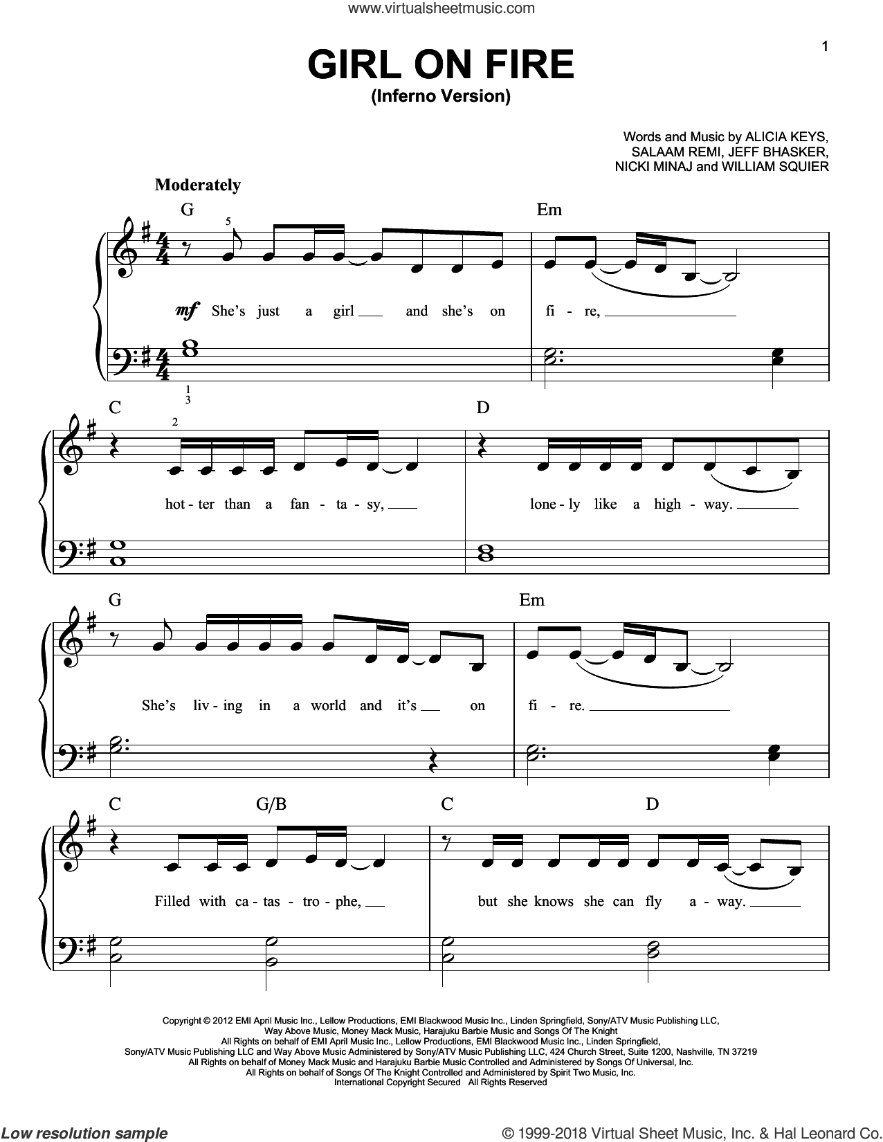 Keys - Girl On Fire sheet music for piano solo [PDF-interactive]