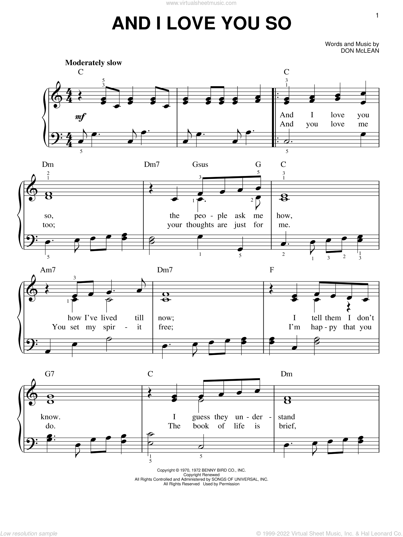 McLean - And I Love You So sheet music for piano solo [PDF]