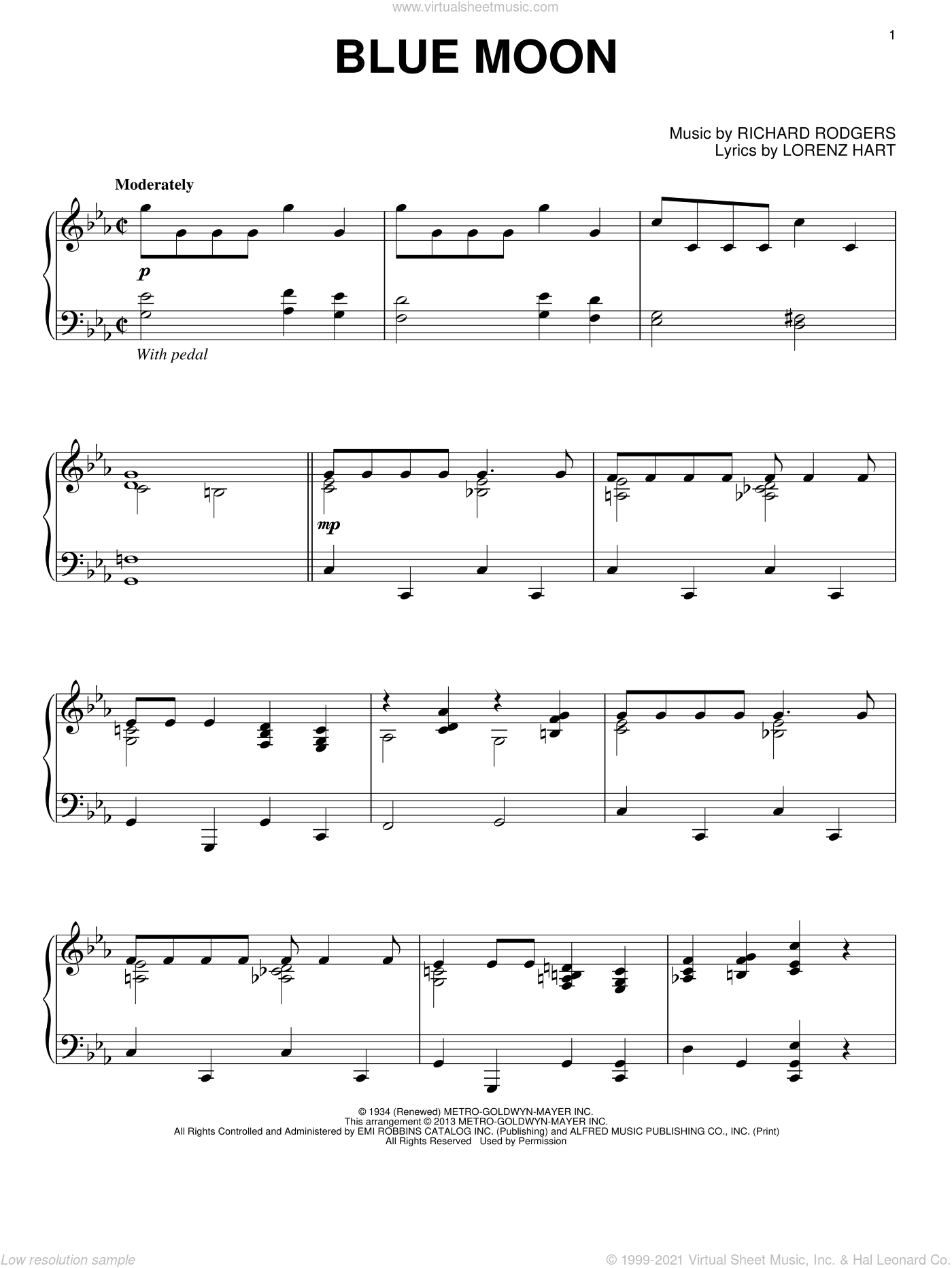 Hart - Blue Moon sheet music for piano solo [PDF-interactive]