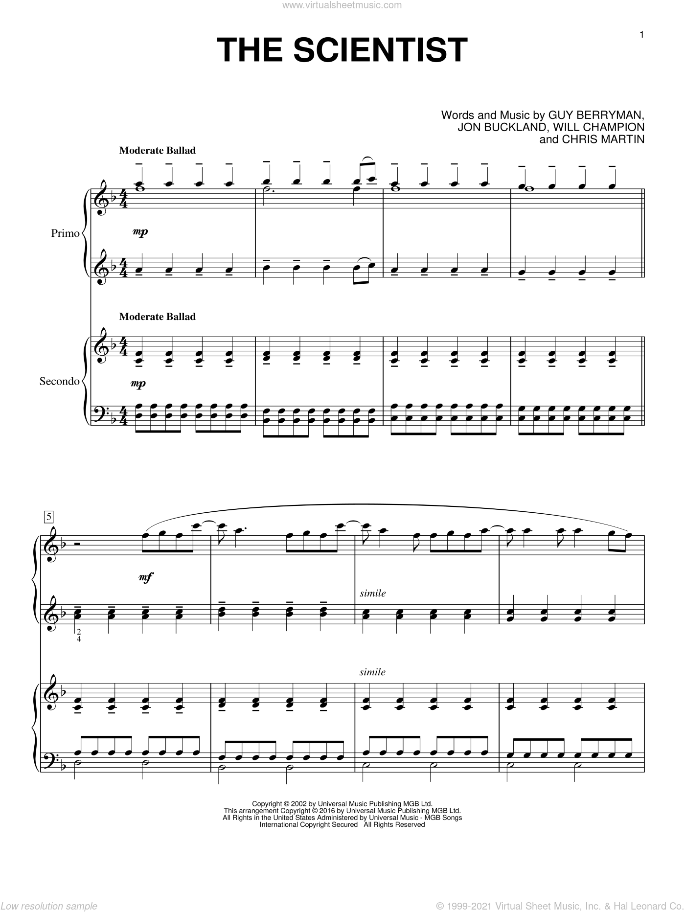 Coldplay - The Scientist sheet music for piano four hands [PDF]