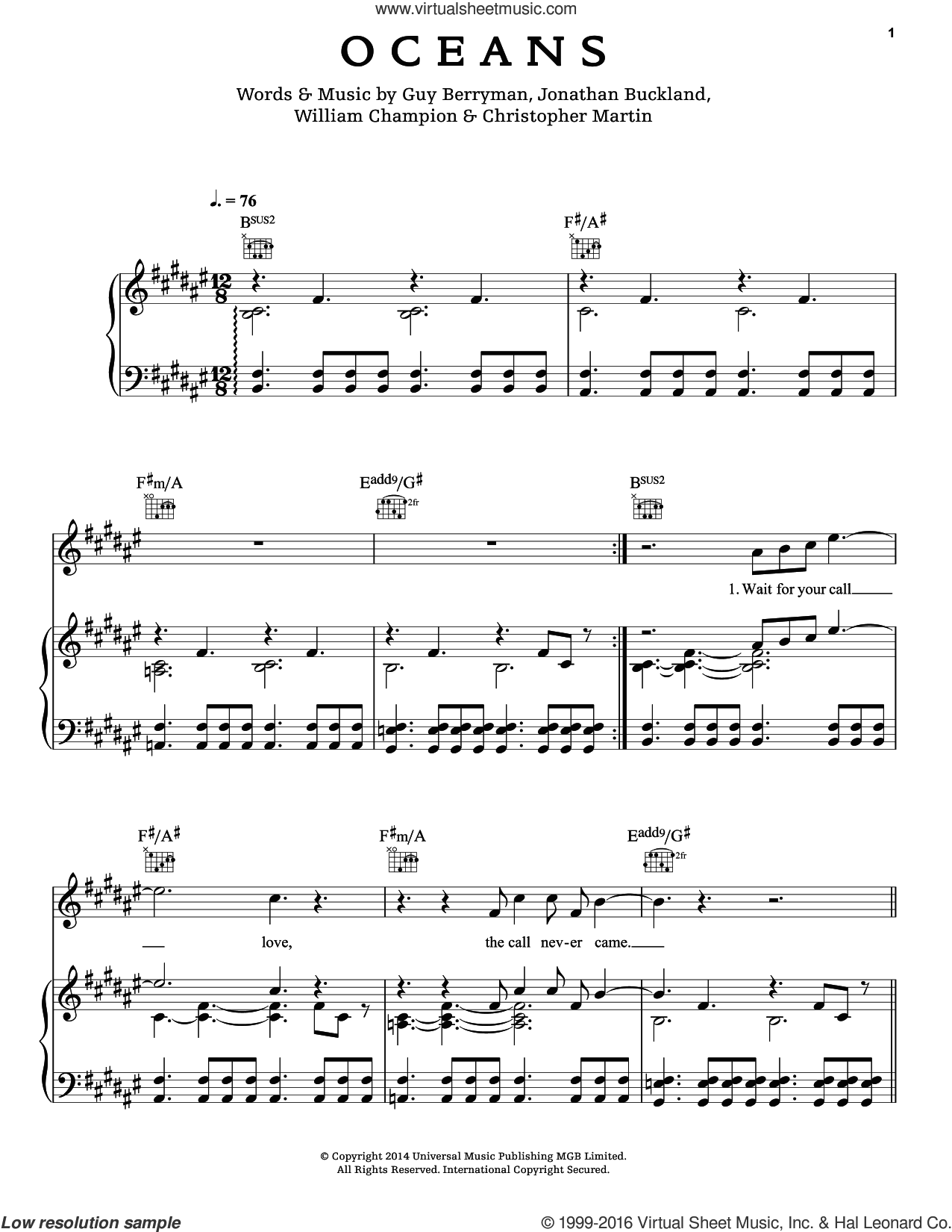 Coldplay - Oceans sheet music for voice, piano or guitar [PDF]