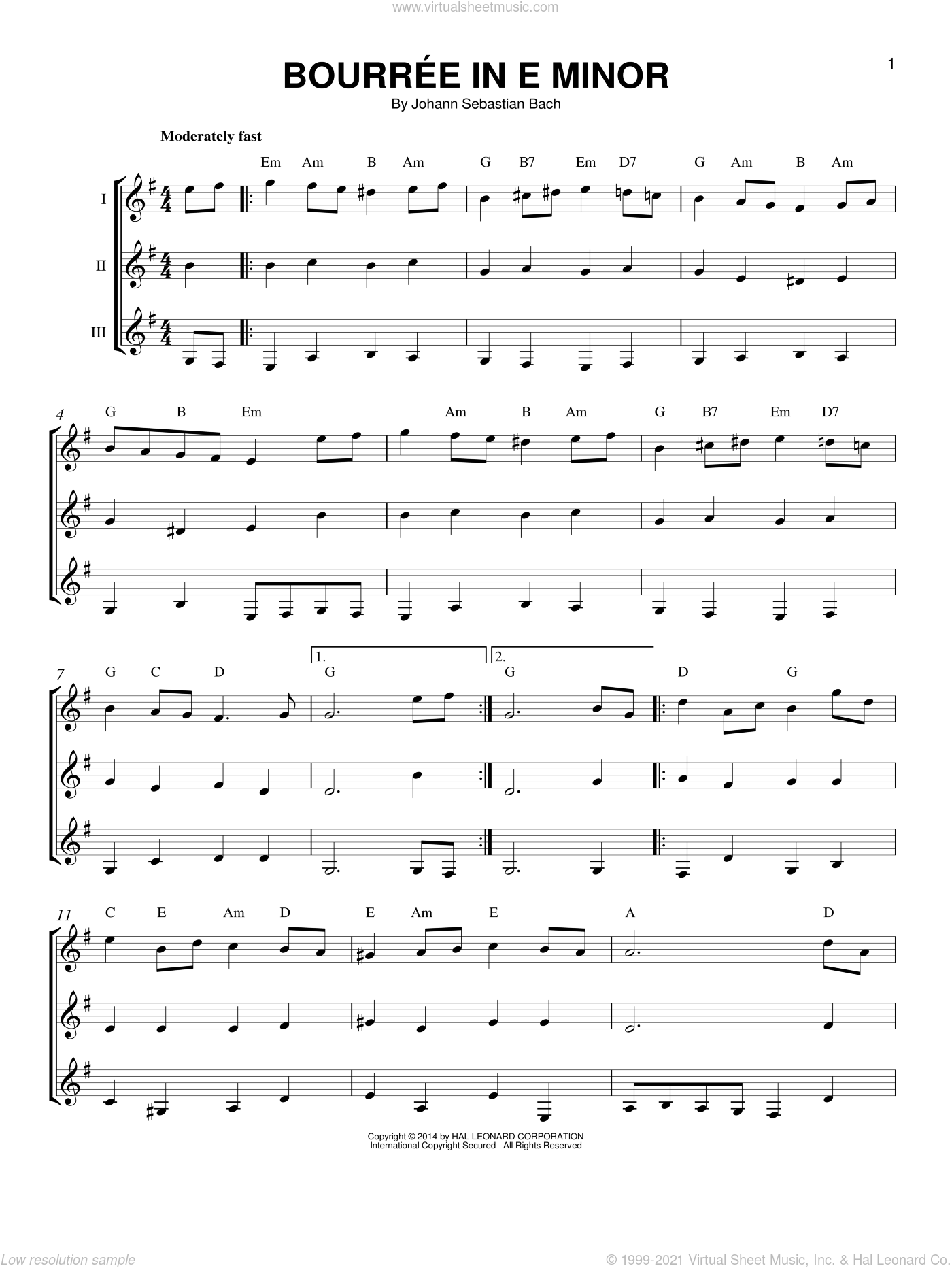 Bach - Bourree In E Minor sheet music for guitar ensemble ...