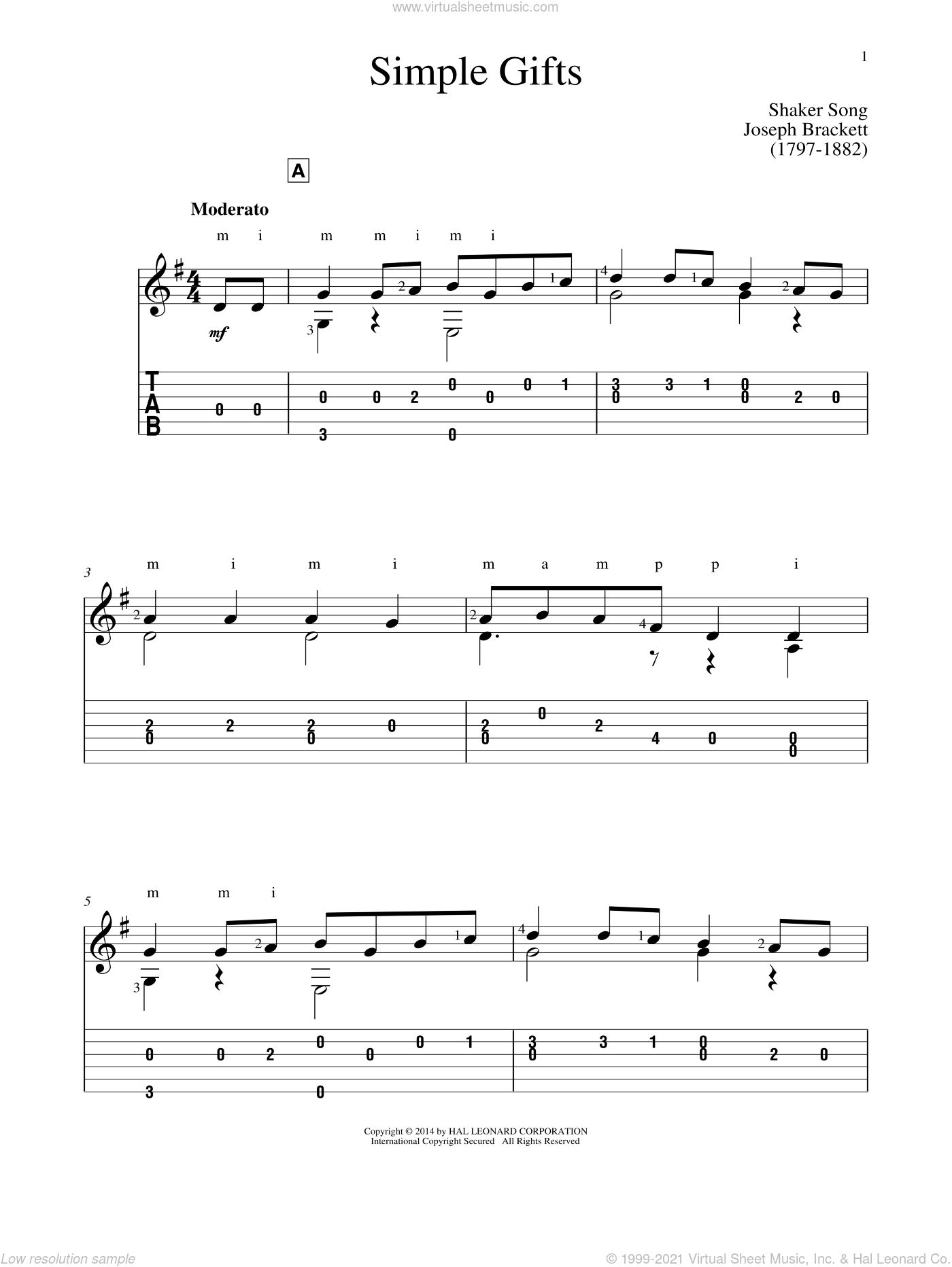 Hill - Simple Gifts sheet music for guitar solo PDF