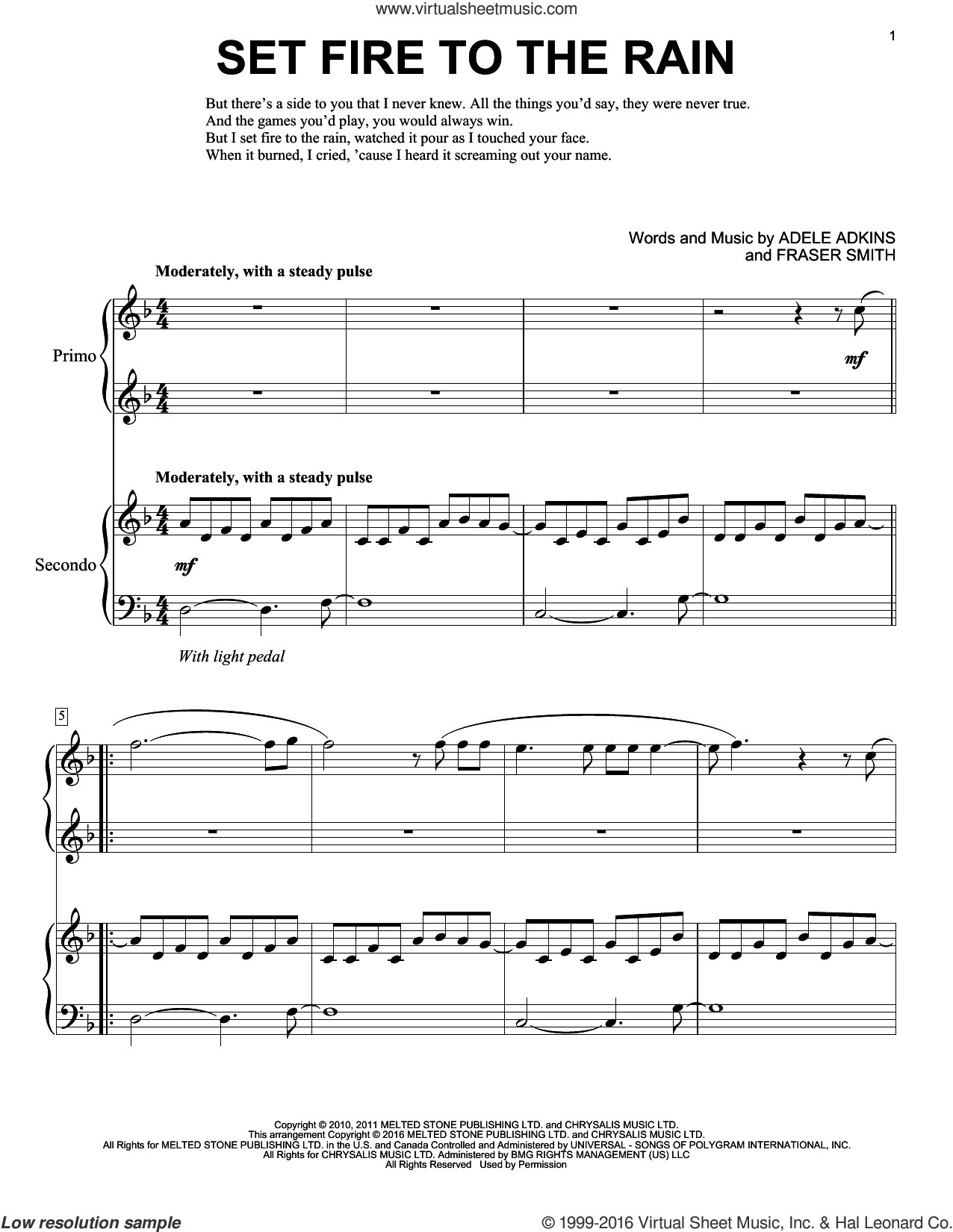 Adele - Set Fire To The Rain sheet music for piano four hands