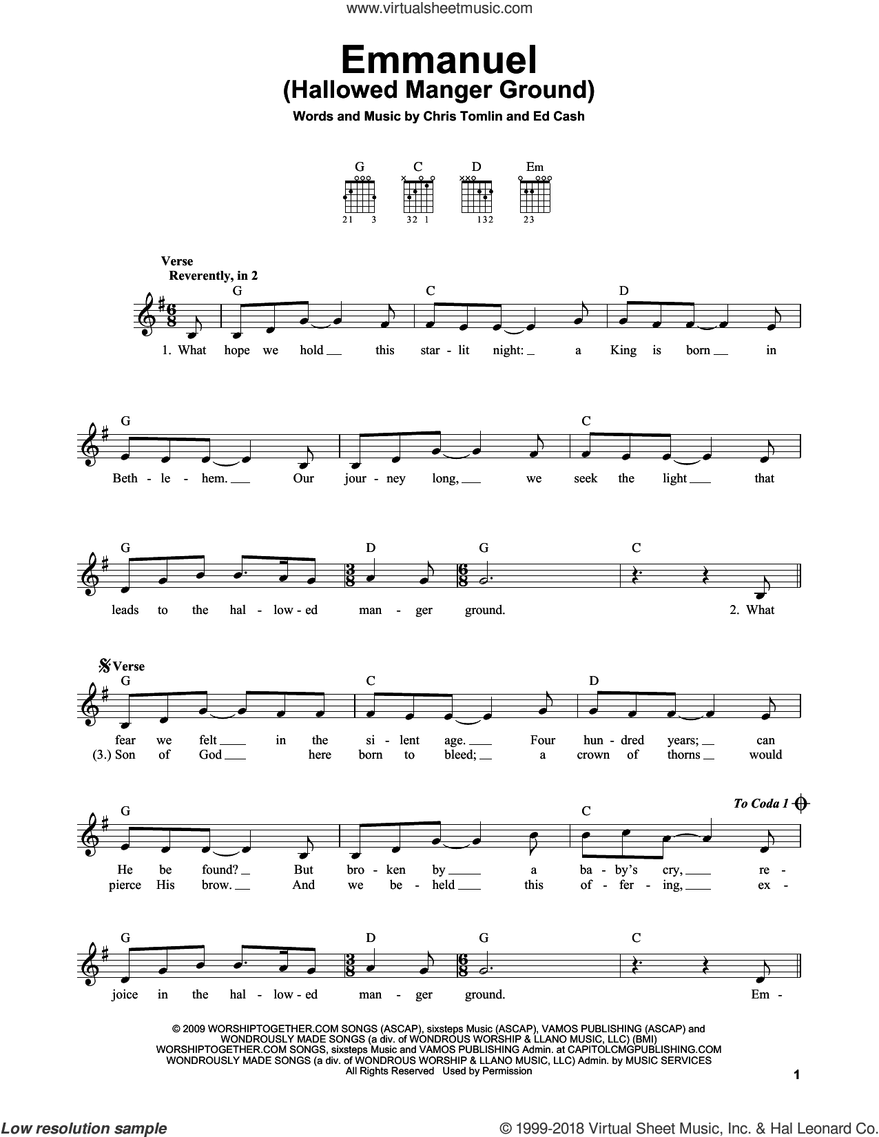 Tomlin - Emmanuel (Hallowed Manger Ground) sheet music for guitar solo (chords)