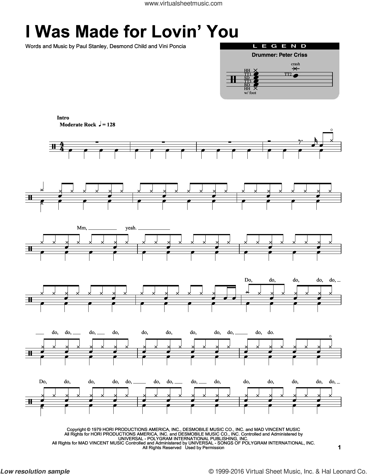 KISS - I Was Made For Lovin' You sheet music for drums