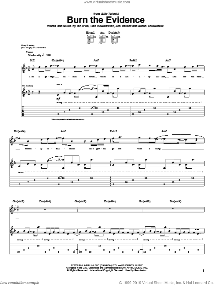 Talent - Burn The Evidence sheet music for guitar (tablature)