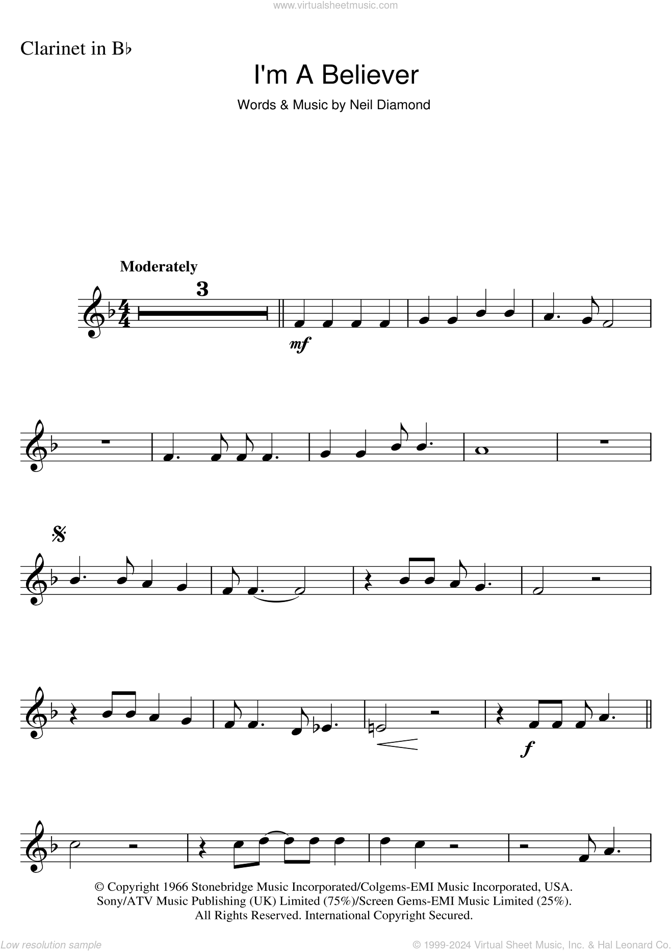 Diamond - I'm A Believer sheet music for clarinet solo PDF