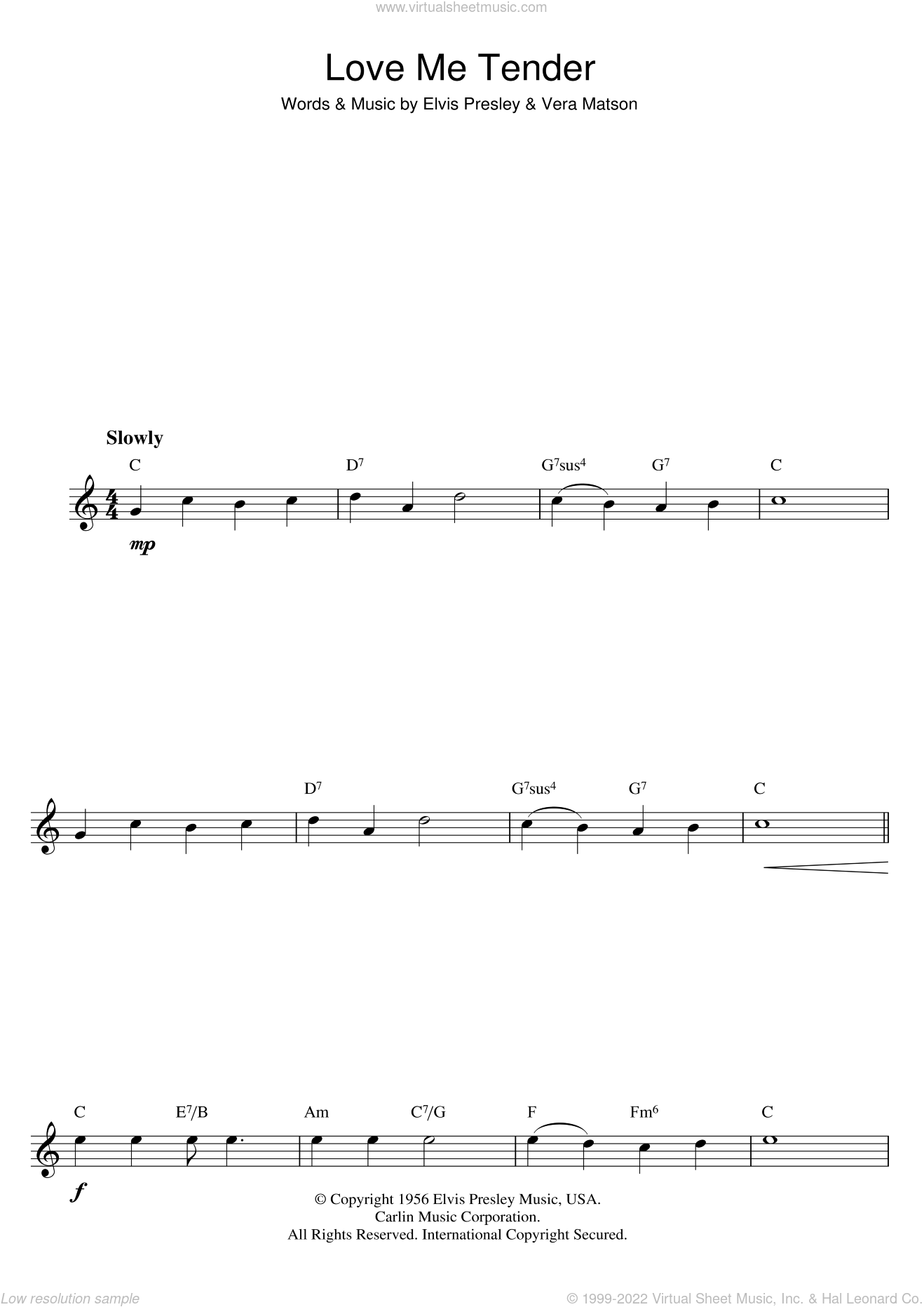 Presley Love Me Tender sheet music for flute solo [PDF]