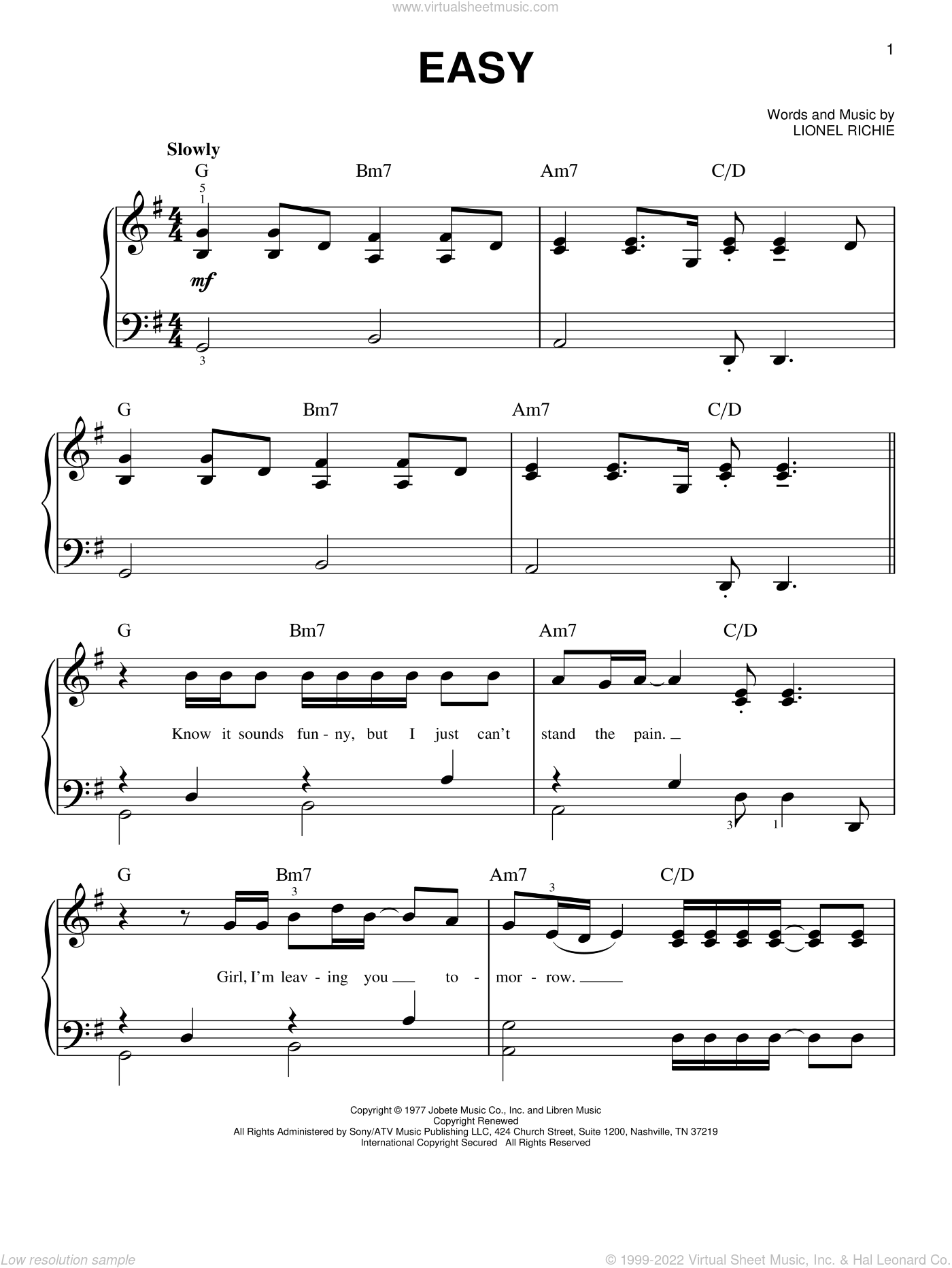 Commodores - Easy sheet music (easy) for piano solo