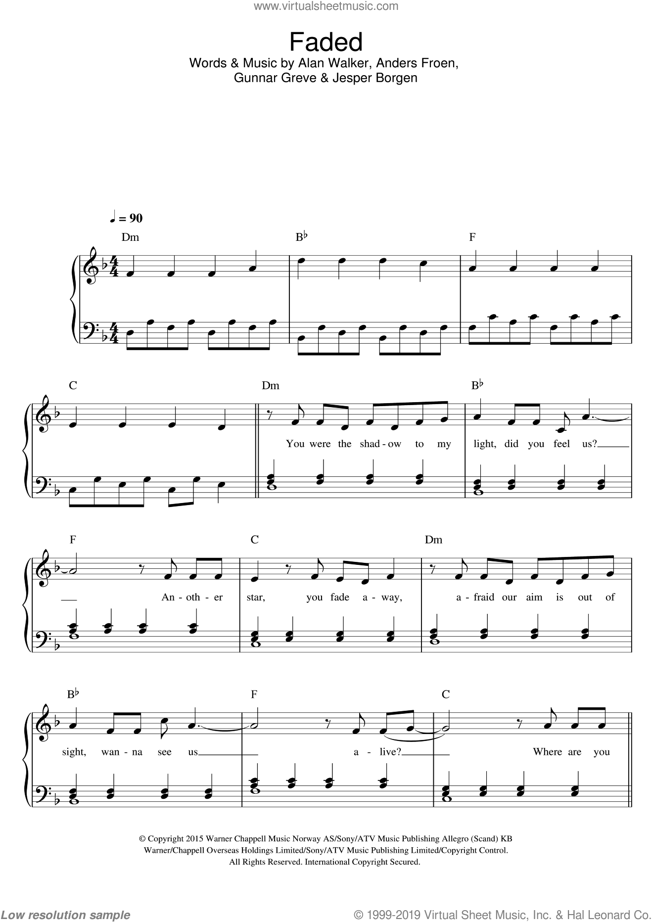 Walker - Faded sheet music for piano solo [PDF-interactive]