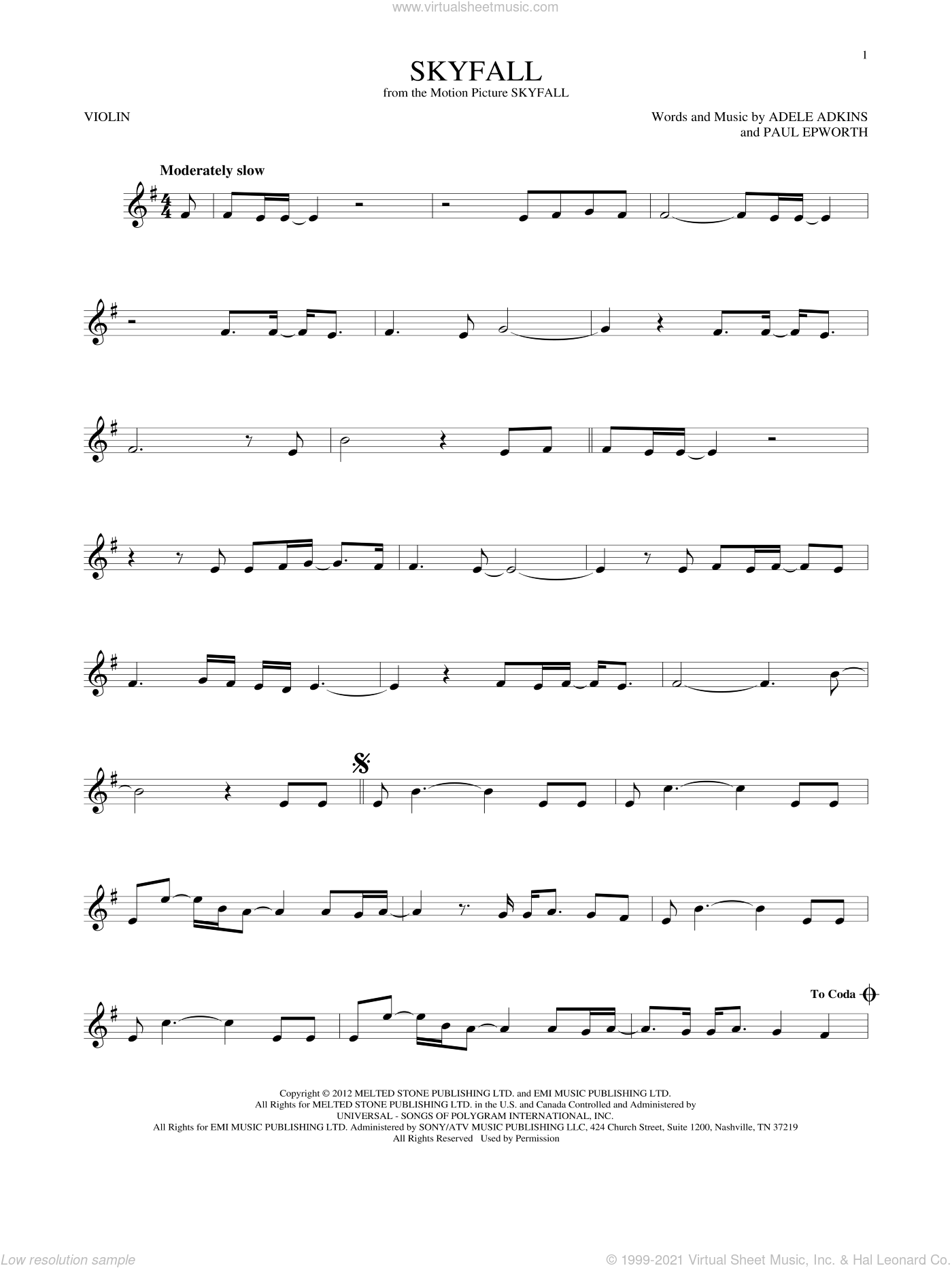 Adele - Skyfall sheet music for violin solo [PDF-interactive]
