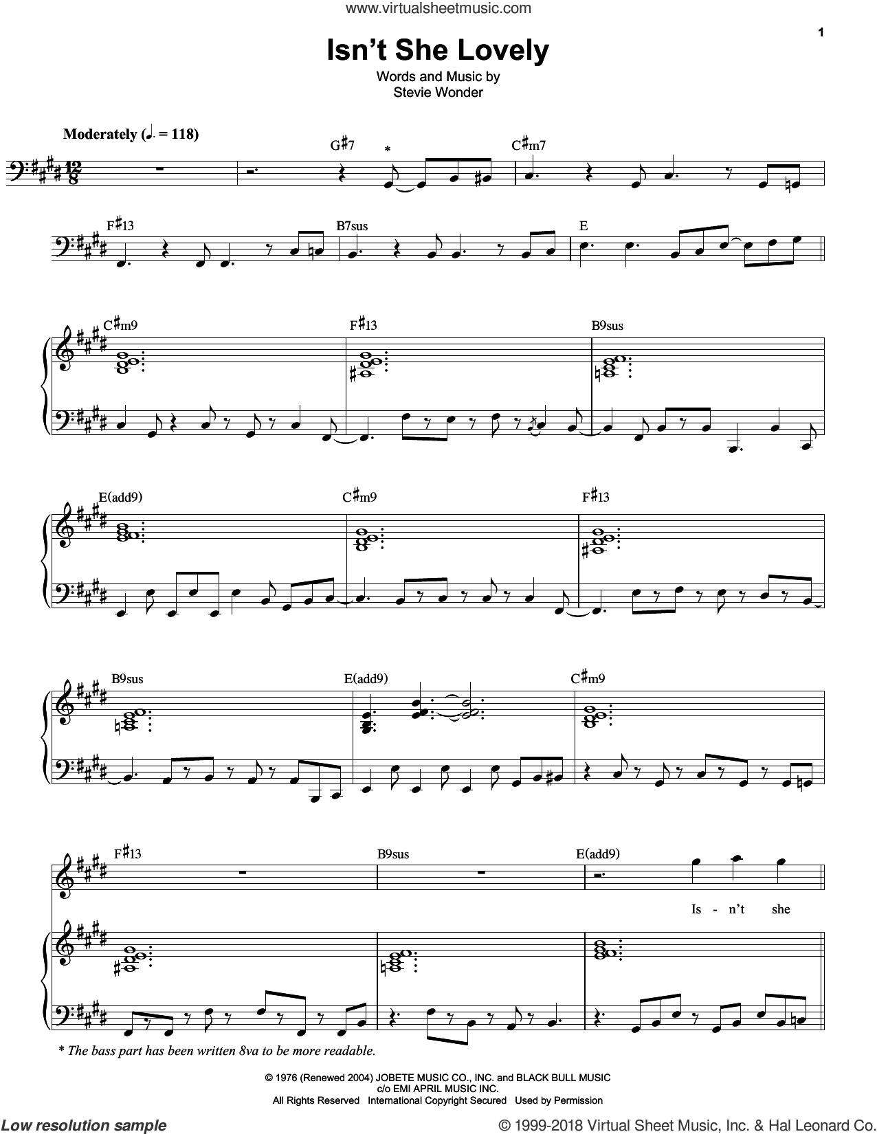Wonder - Isn't She Lovely sheet music for keyboard or piano [PDF]