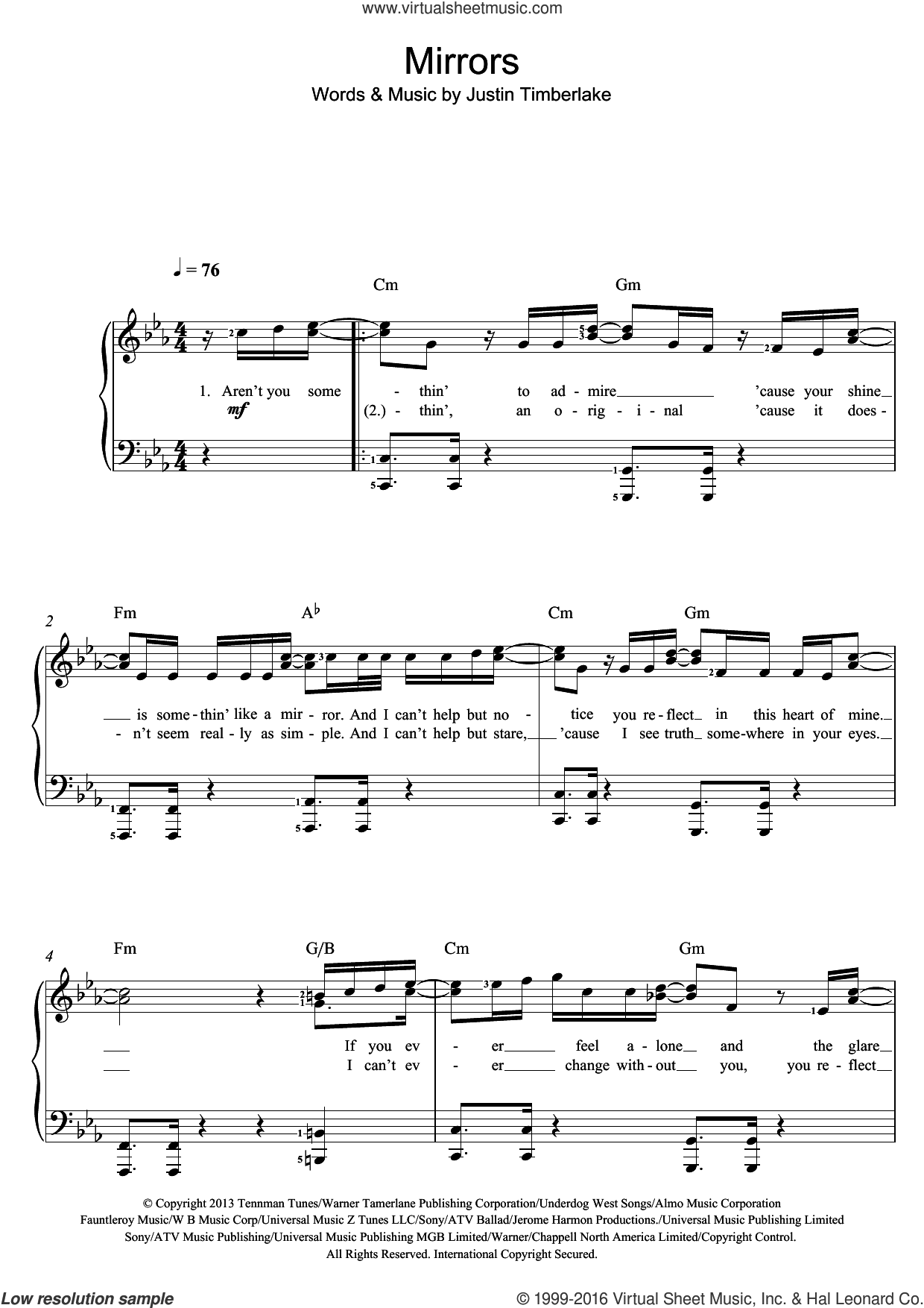 Timberlake - Mirrors sheet music (beginner) for piano solo (beginners)