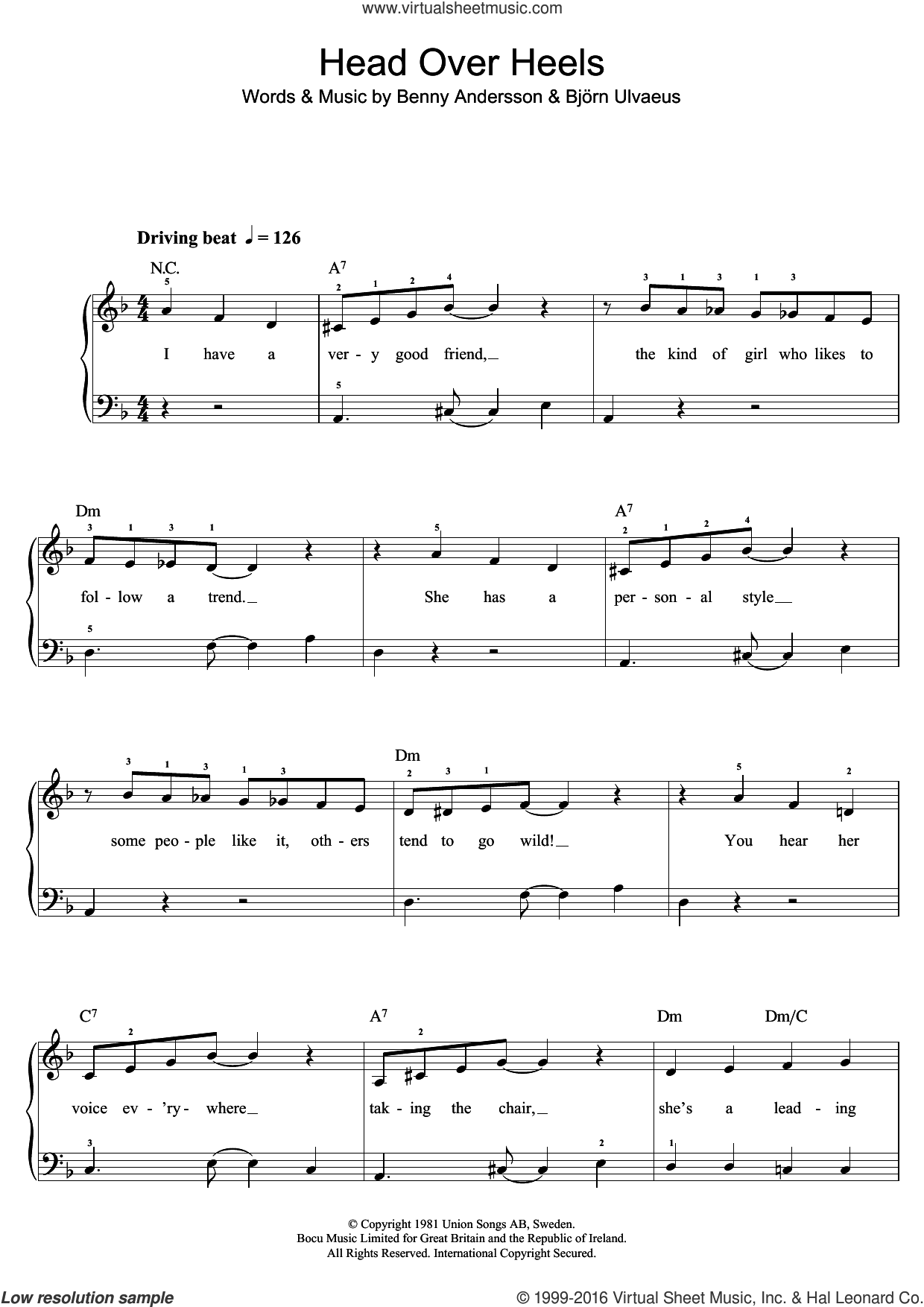ABBA - Head Over Heels sheet music for piano solo (beginners)