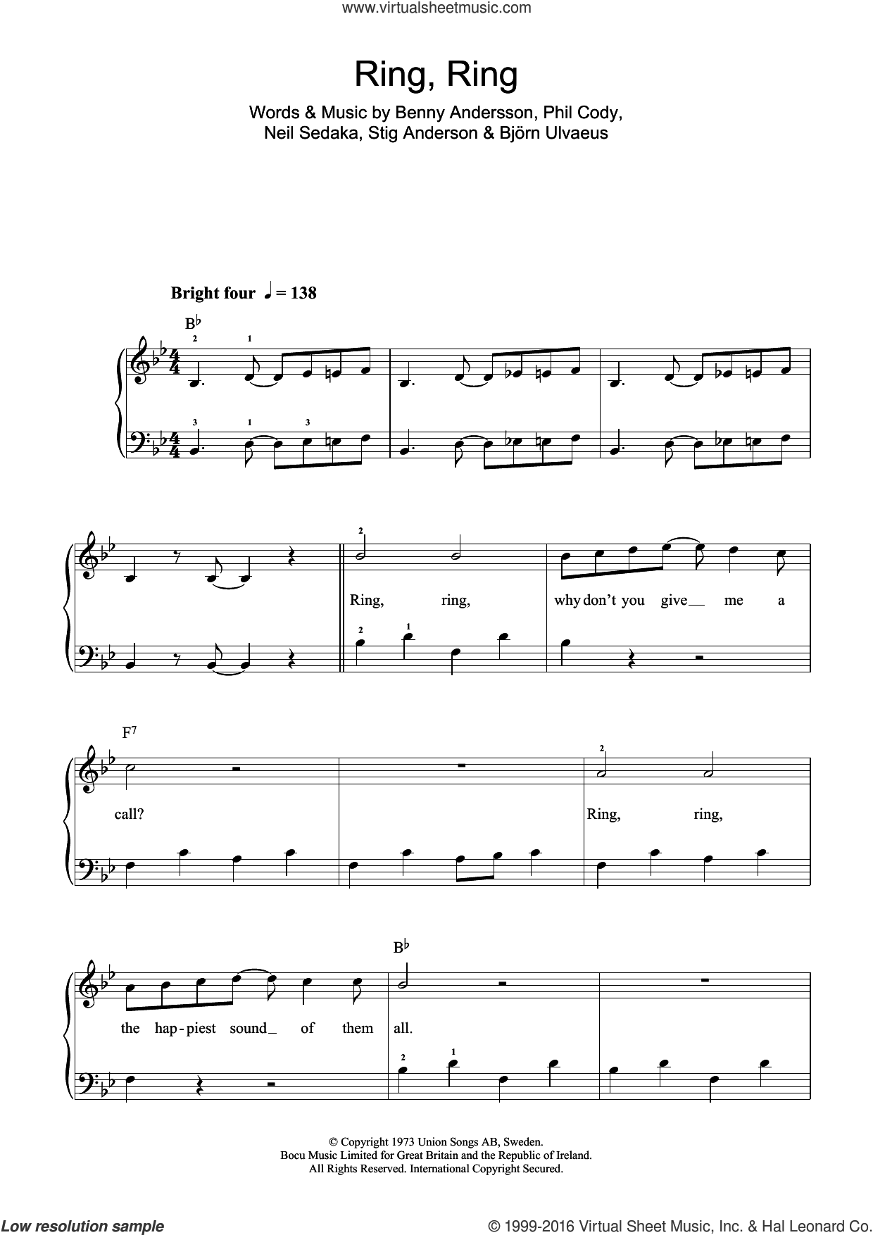 ABBA - Ring, Ring sheet music for piano solo (beginners) [PDF]