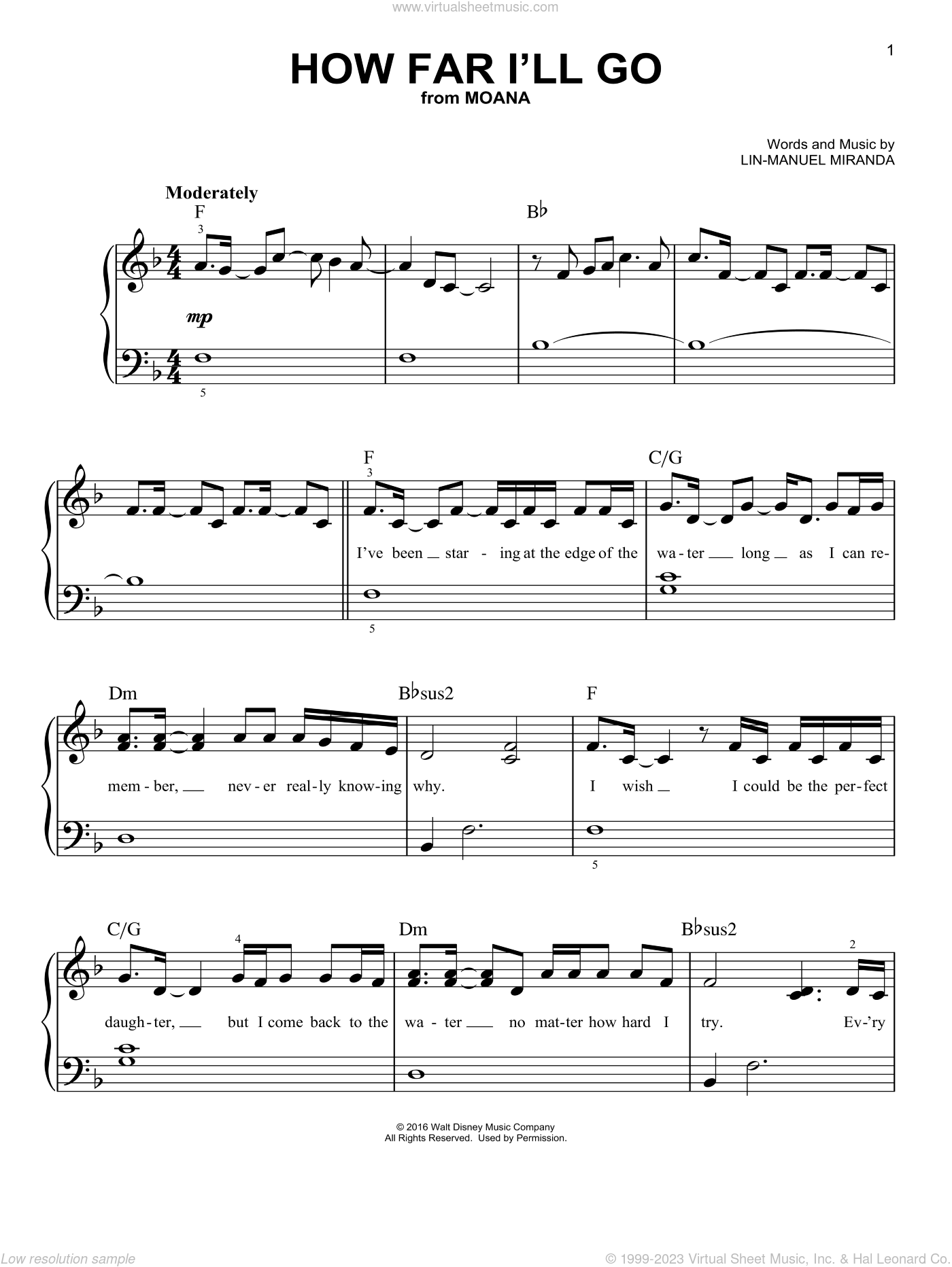 Cara How Far I'll Go sheet music for piano solo [PDF]