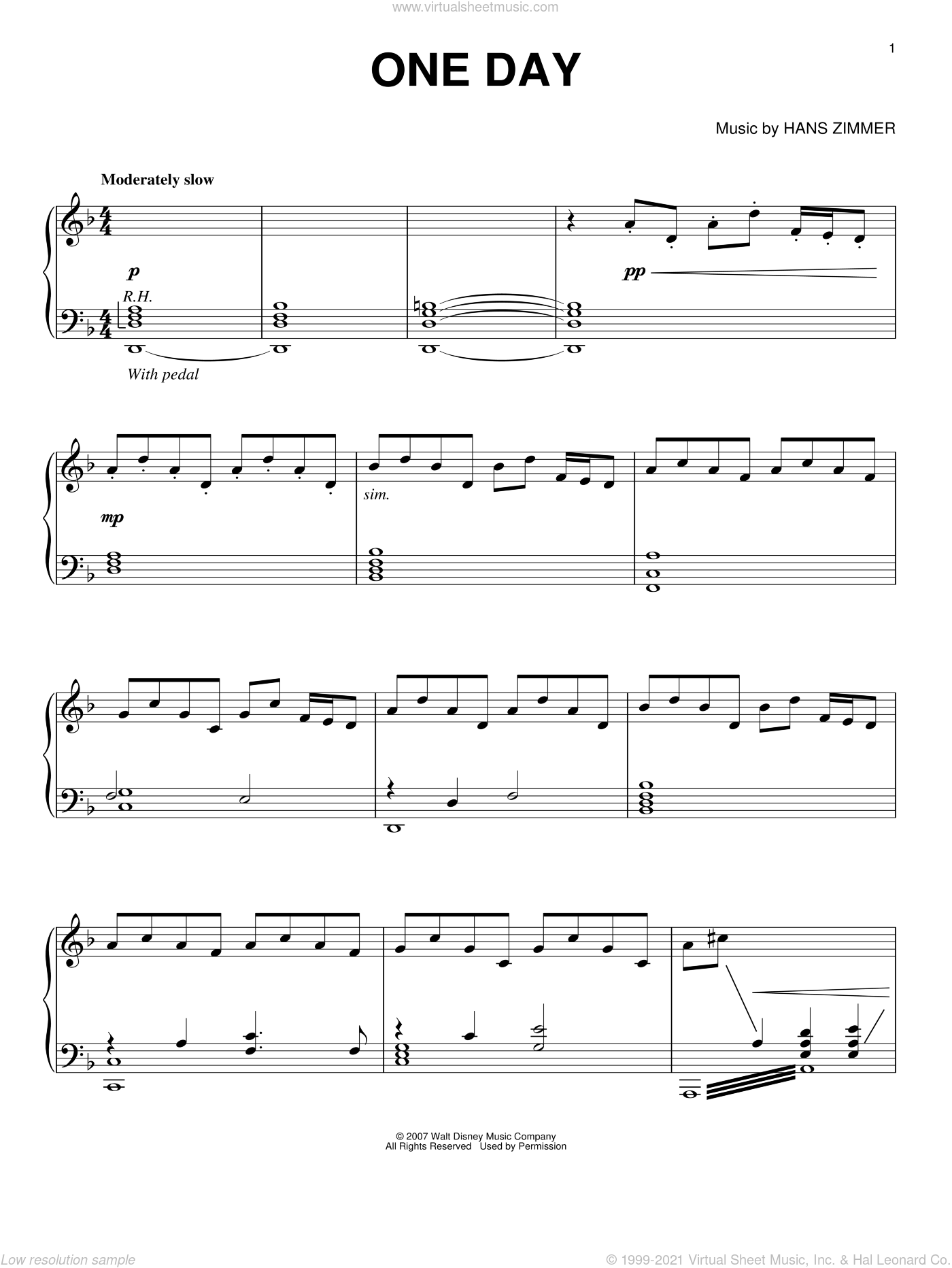 Zimmer - One Day sheet music for piano solo [PDF-interactive]