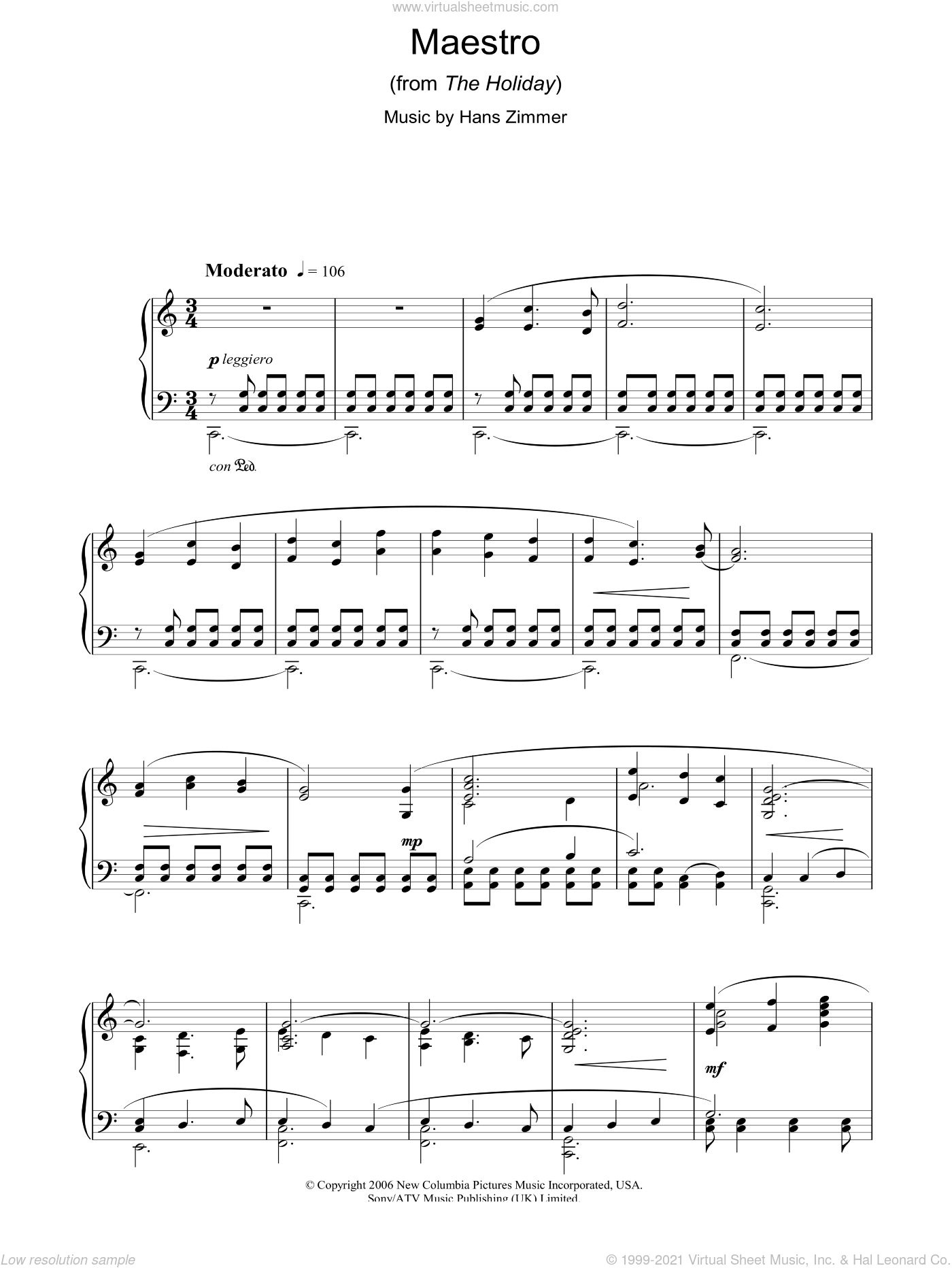 Zimmer - Maestro (from The Holiday) sheet music for piano solo