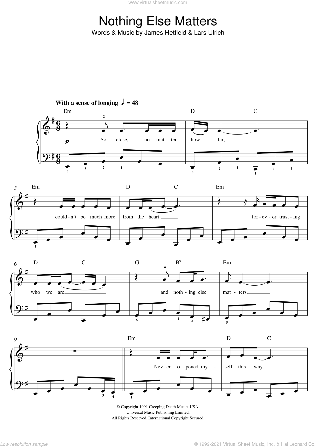 Metallica - Nothing Else Matters sheet music for piano ...