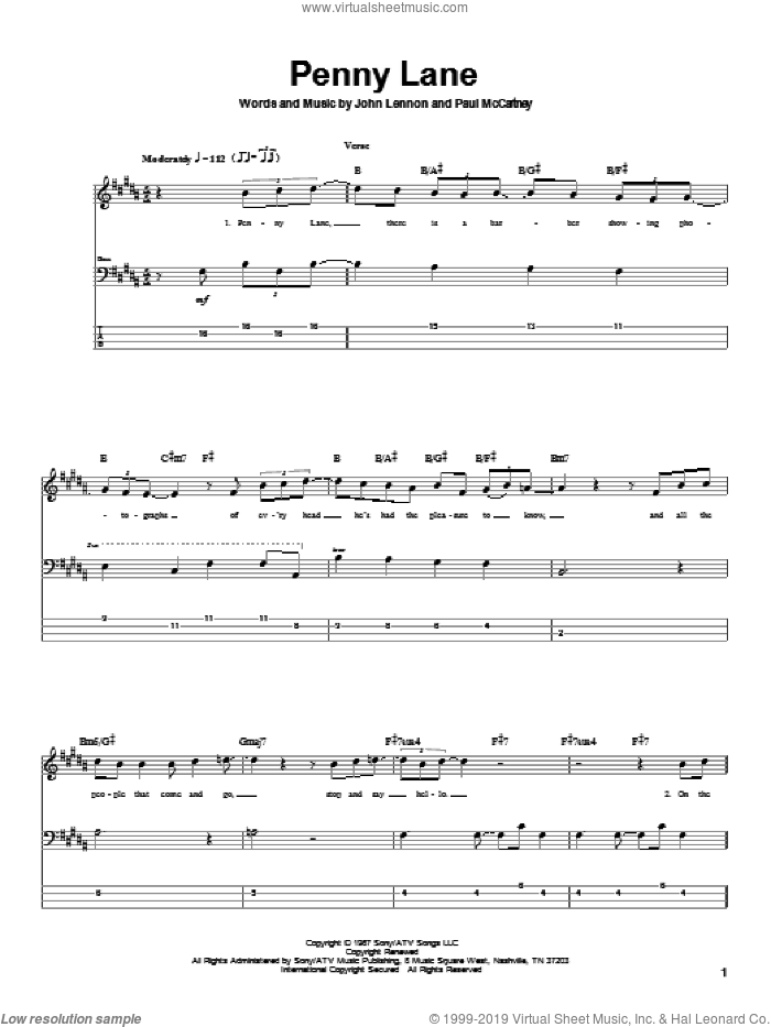 Beatles - Penny Lane sheet music for bass (tablature) (bass guitar)