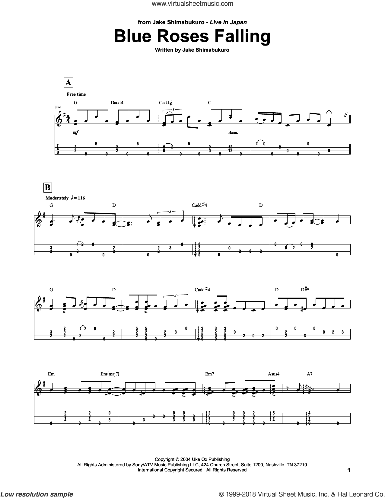 Shimabukuro - Blue Roses Falling sheet music for ukulele (tablature)