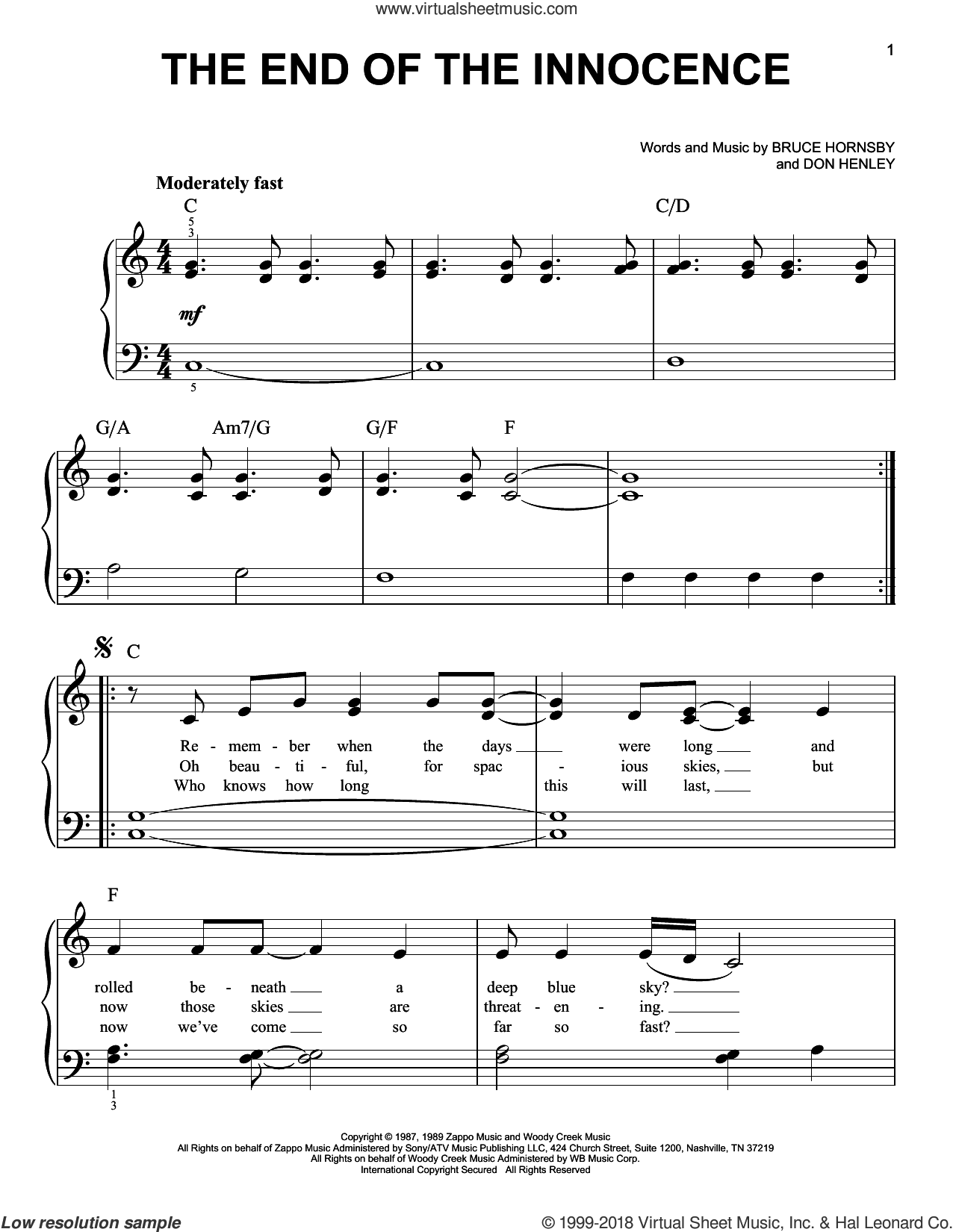 Henley The End Of The Innocence sheet music for piano solo
