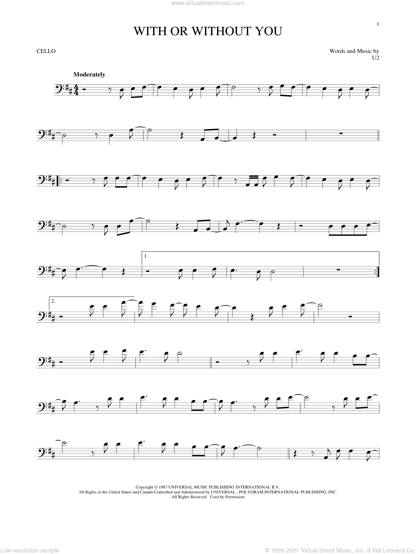 U2 - With Or Without You sheet music for cello solo [PDF]