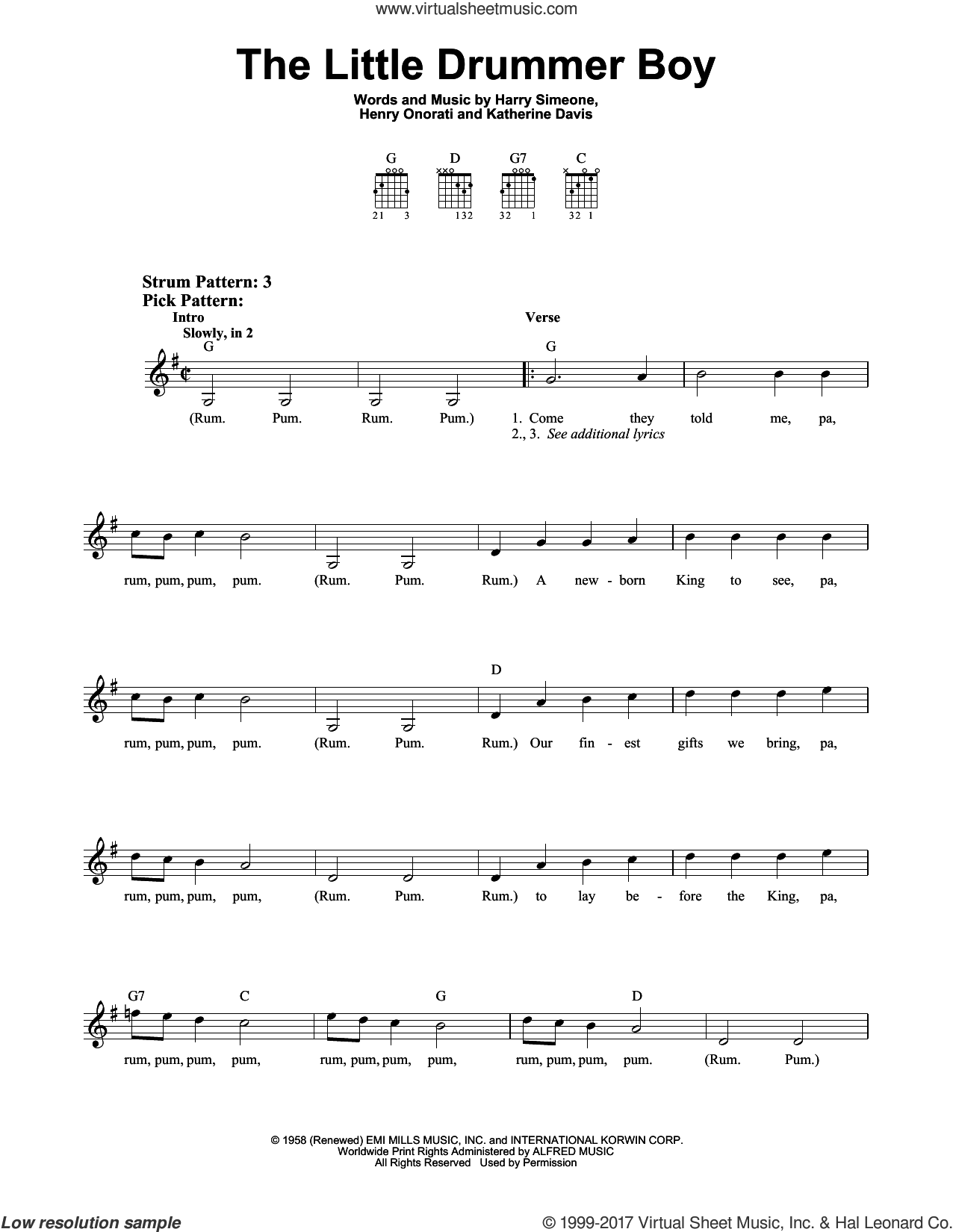 Davis - The Little Drummer Boy sheet music (easy) for guitar solo (chords)