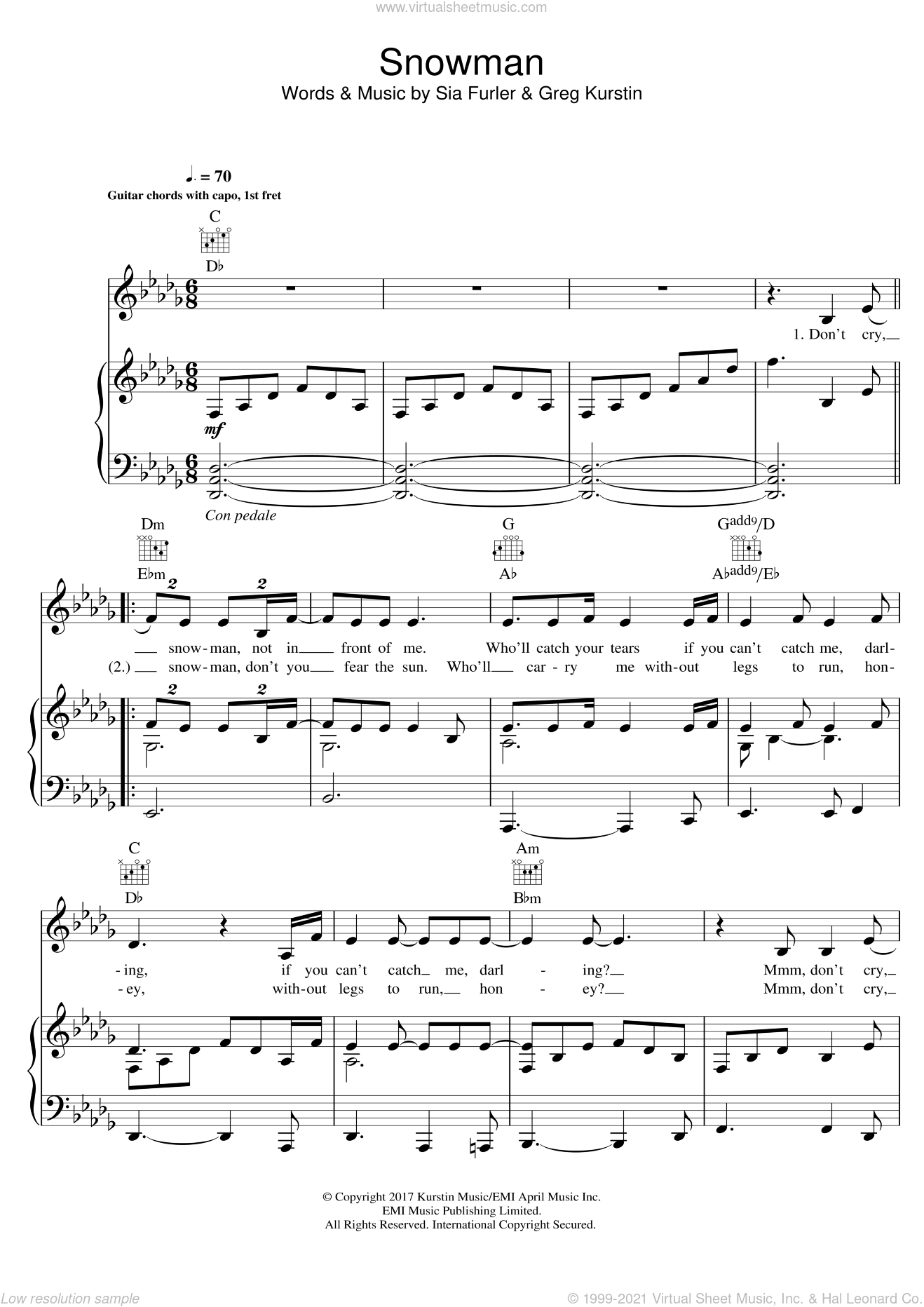 Sia - Snowman sheet music for voice, piano or guitar [PDF]