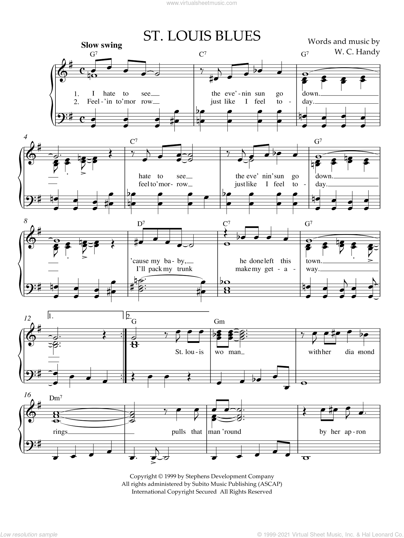 Handy - St. Louis Blues sheet music (easy version 2) for piano solo