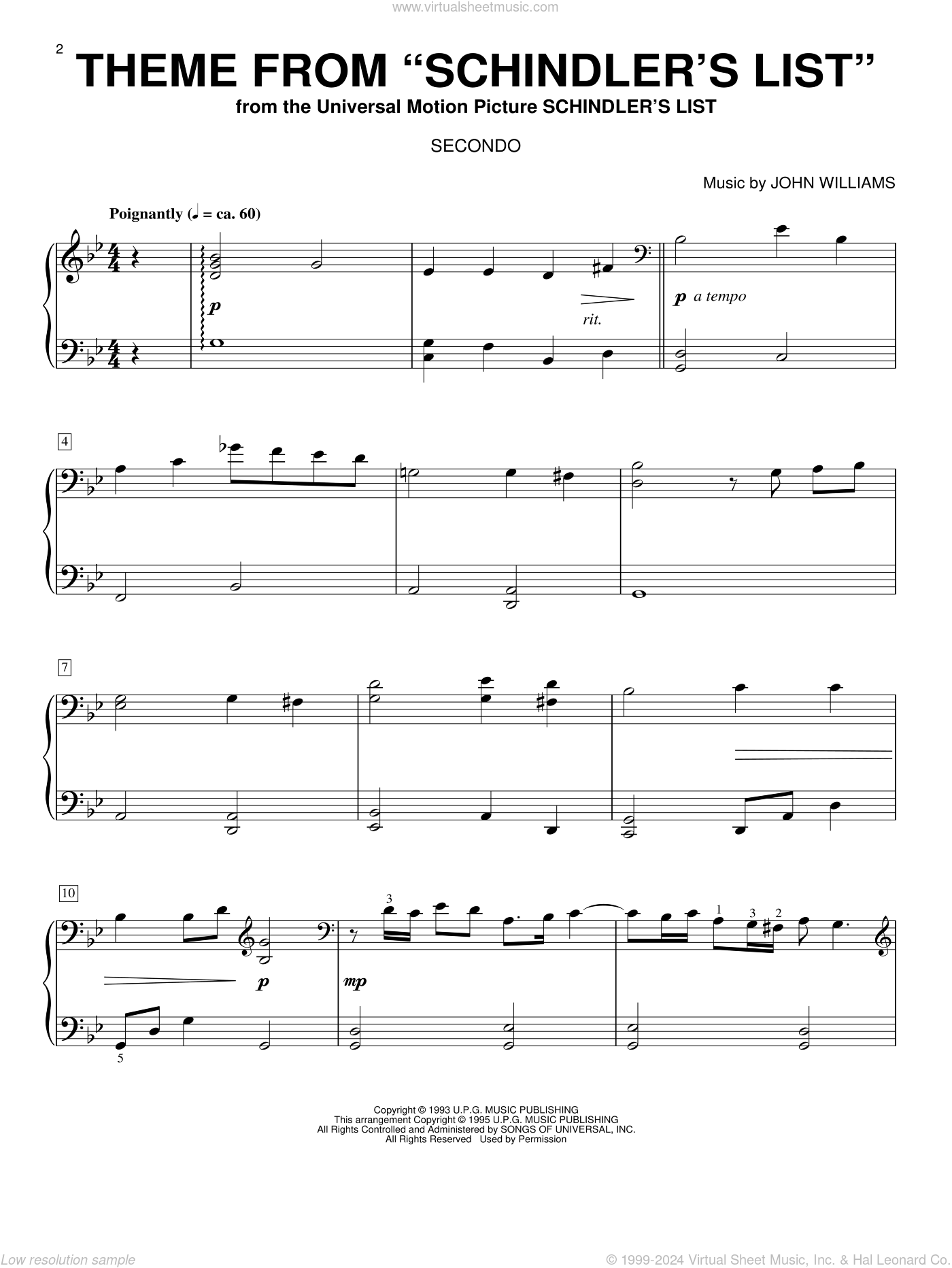 Williams - Theme from Schindler's List sheet music for piano four hands