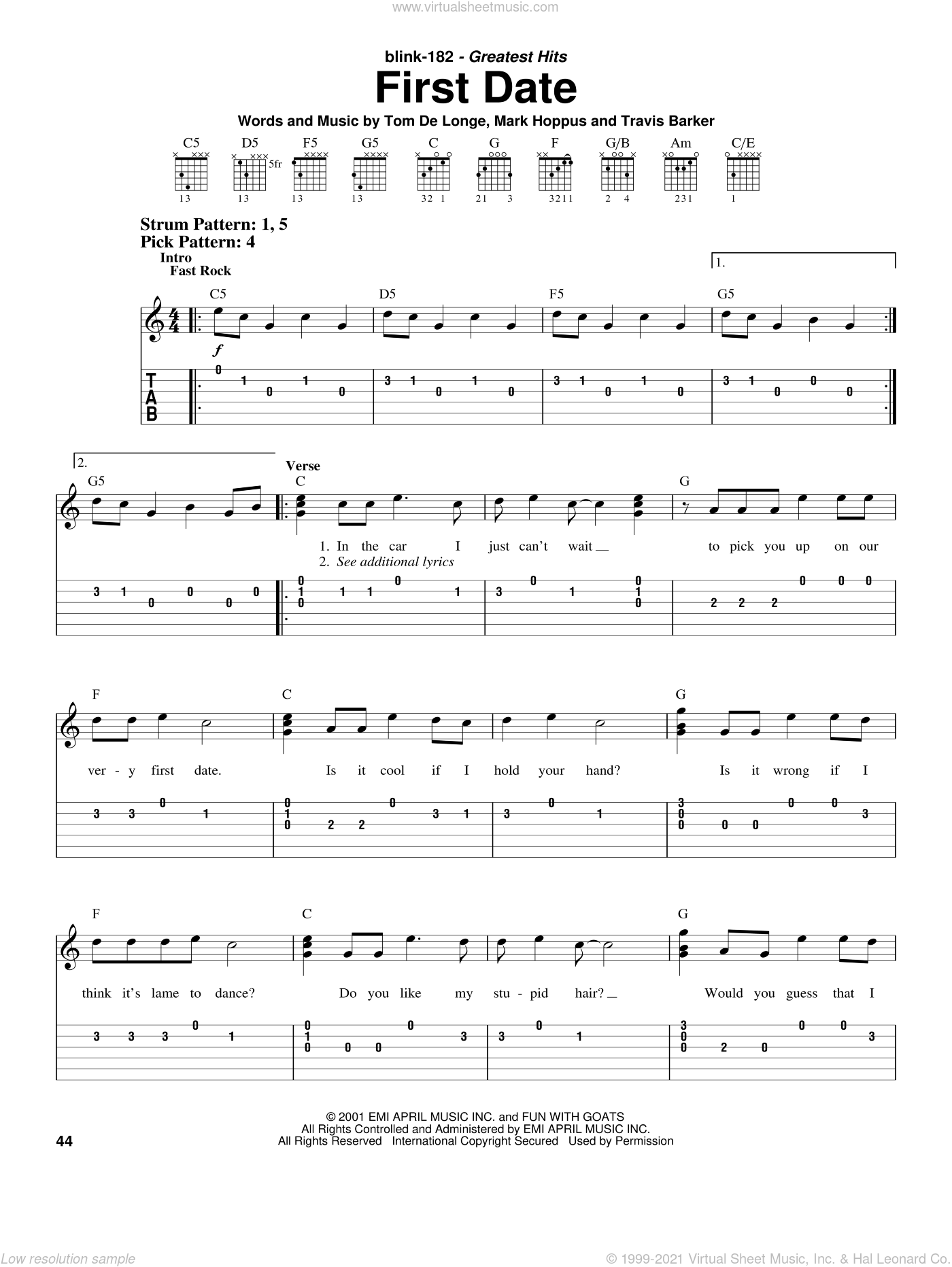 Blink-182 - First Date sheet music for guitar solo (chords) [PDF]