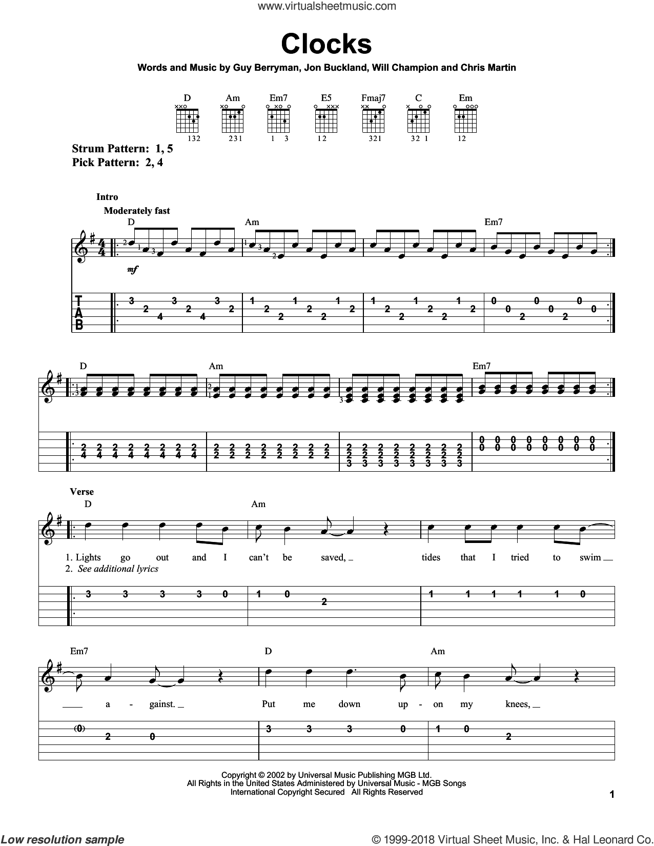 Coldplay - Clocks, (easy) sheet music for guitar solo (easy tablature)