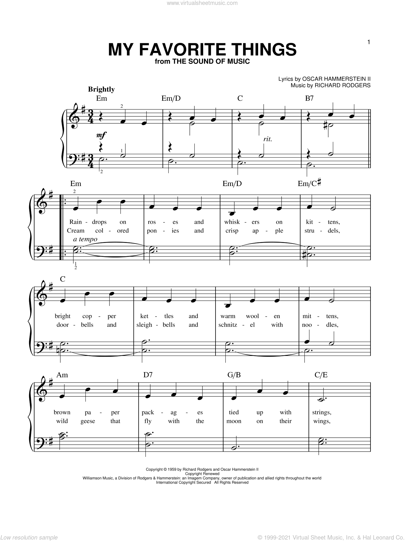 Hammerstein - My Favorite Things, (beginner) sheet music for piano solo