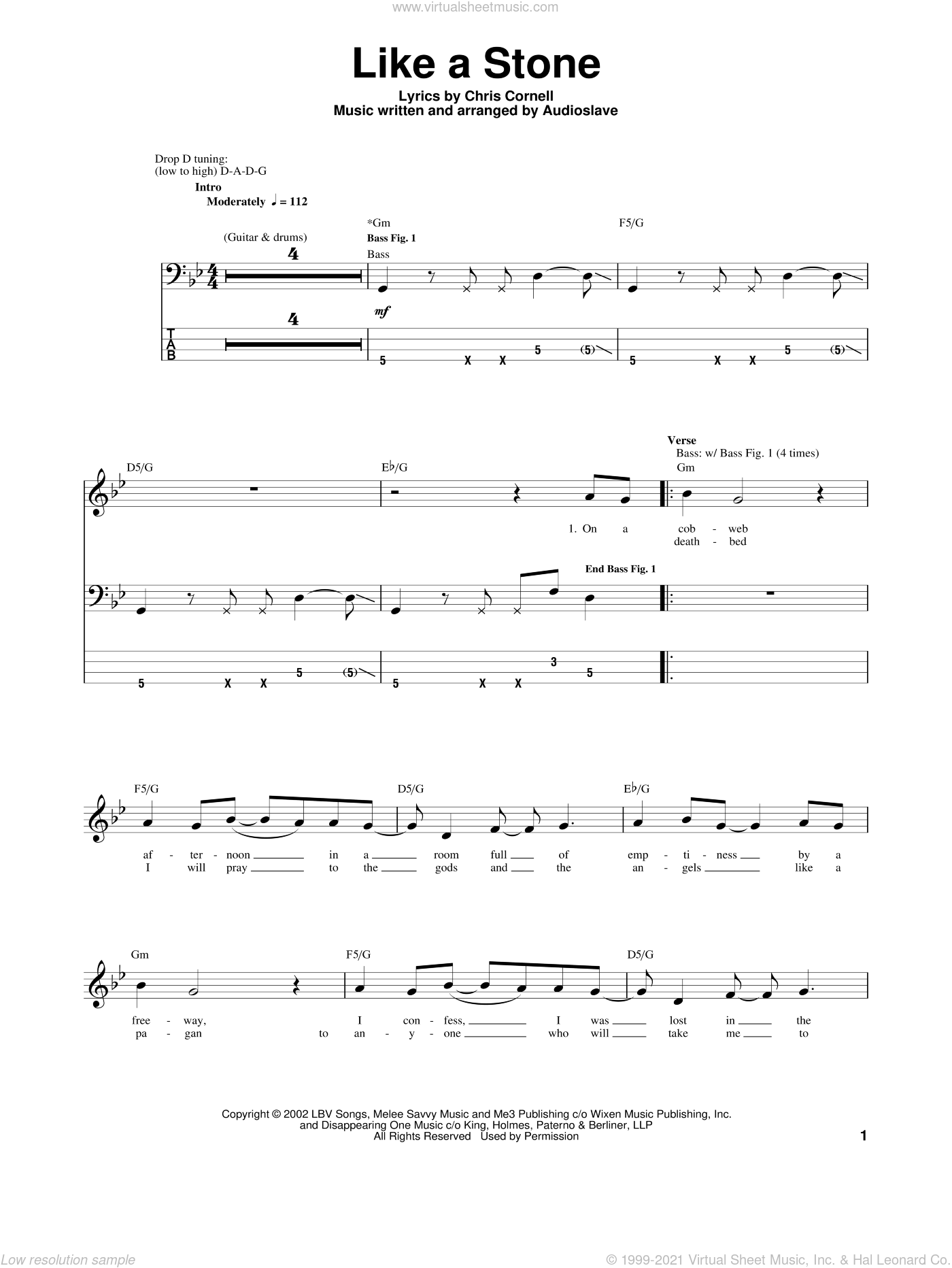 Audioslave - Like A Stone sheet music for bass (tablature ...